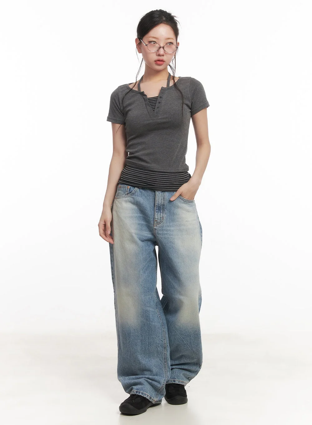 Layered Stripe Halter-Neck Buttoned Crop Top CA530 - Image 2