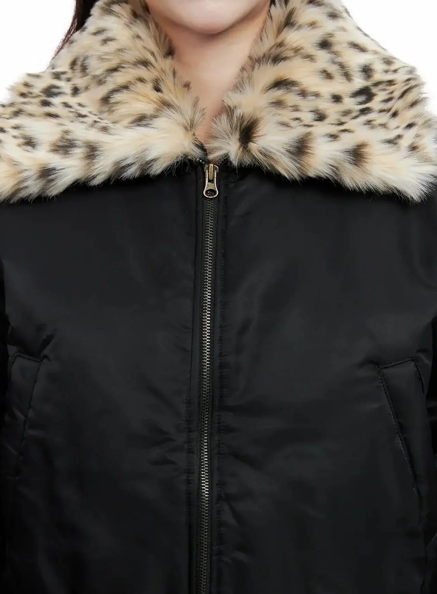 Leopard Print Fur Collar Bomber Jacket IN525 - Image 4