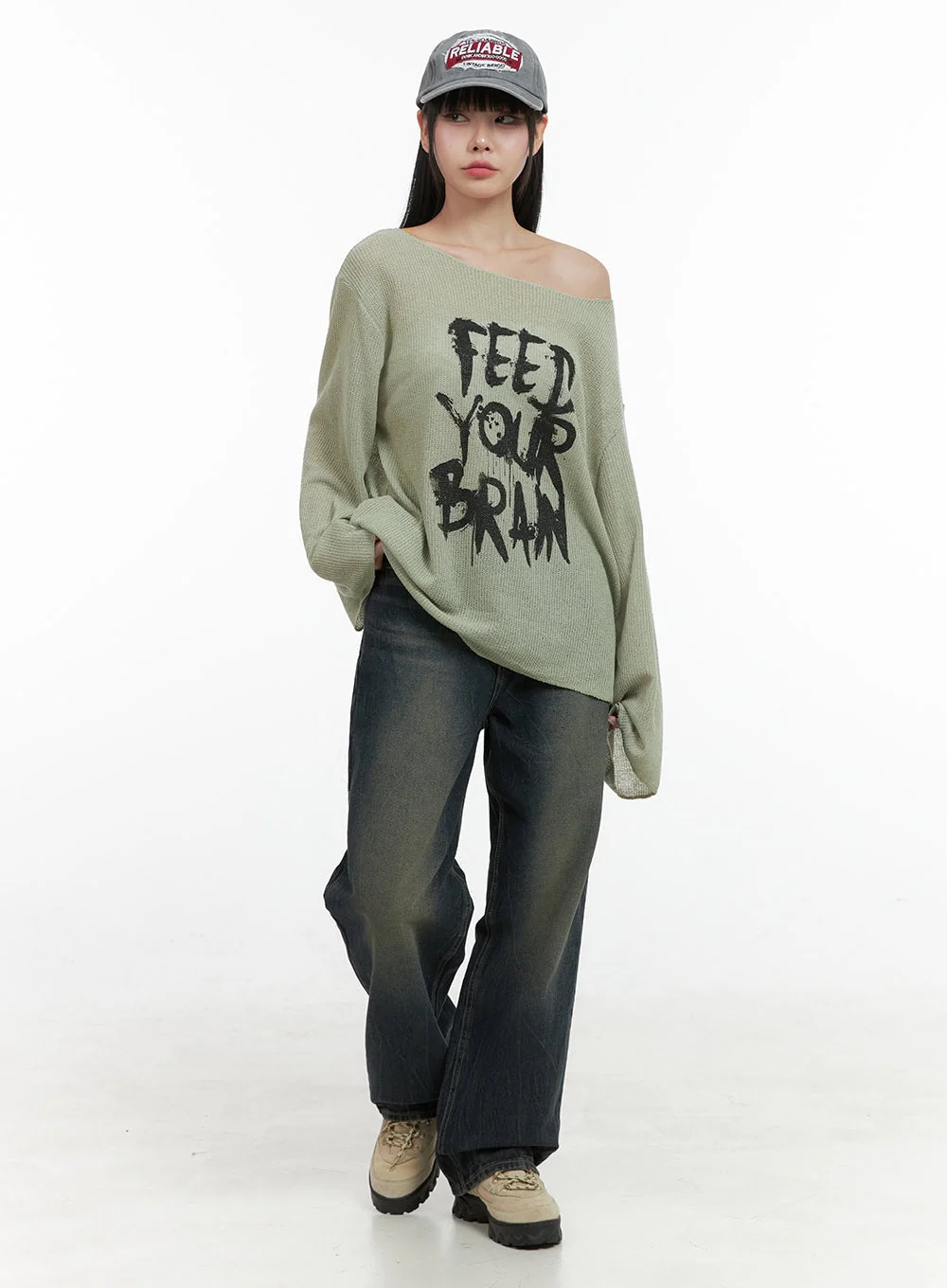 Lettered Boat Neck Off-Shoulder Knit OS410 - Image 3