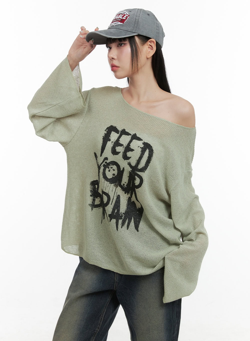 Lettered Boat Neck Off-Shoulder Knit OS410 - Image 7