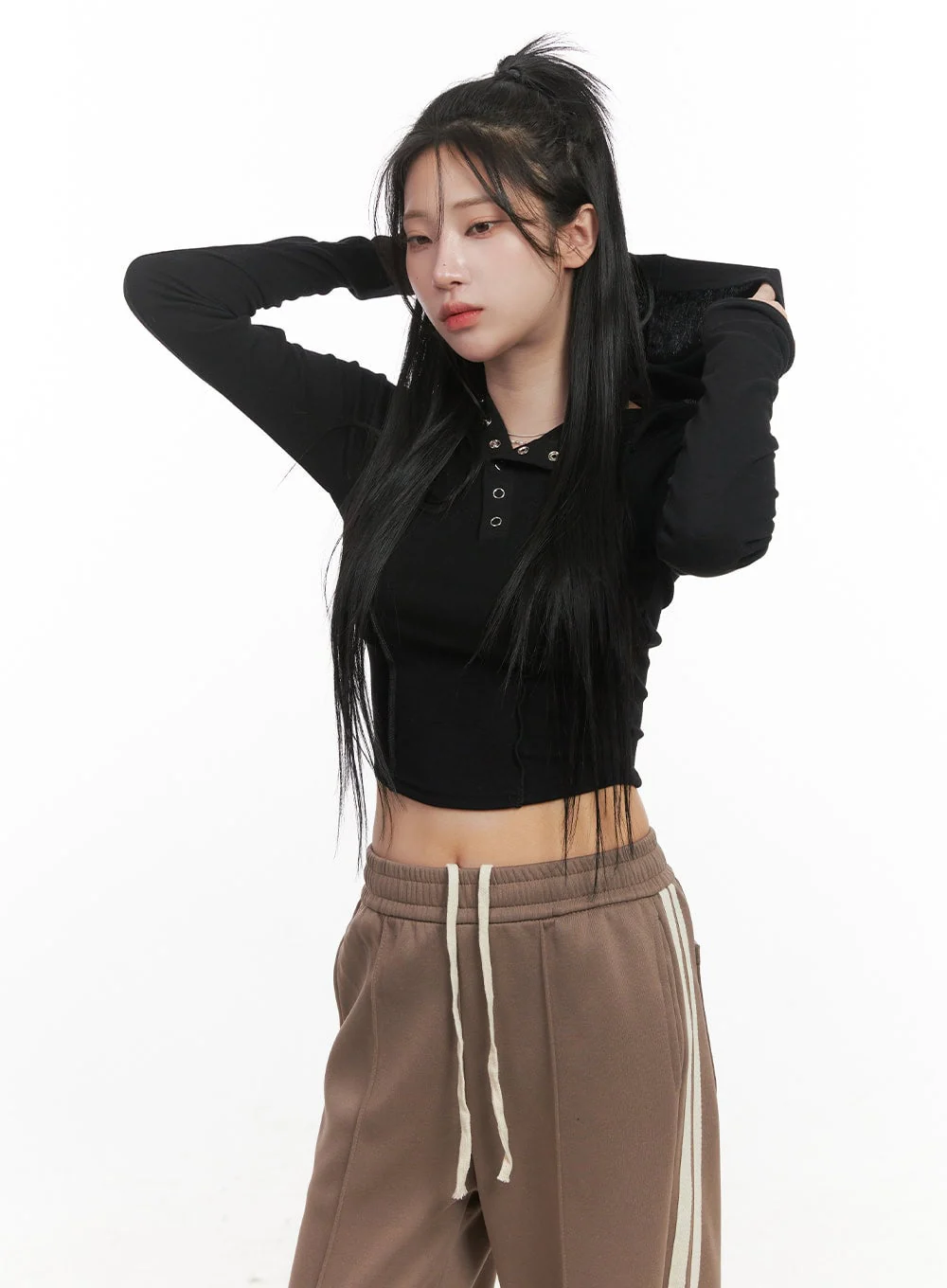 Long-Sleeve Hooded Buttoned Crop Top CJ516 - Image 8