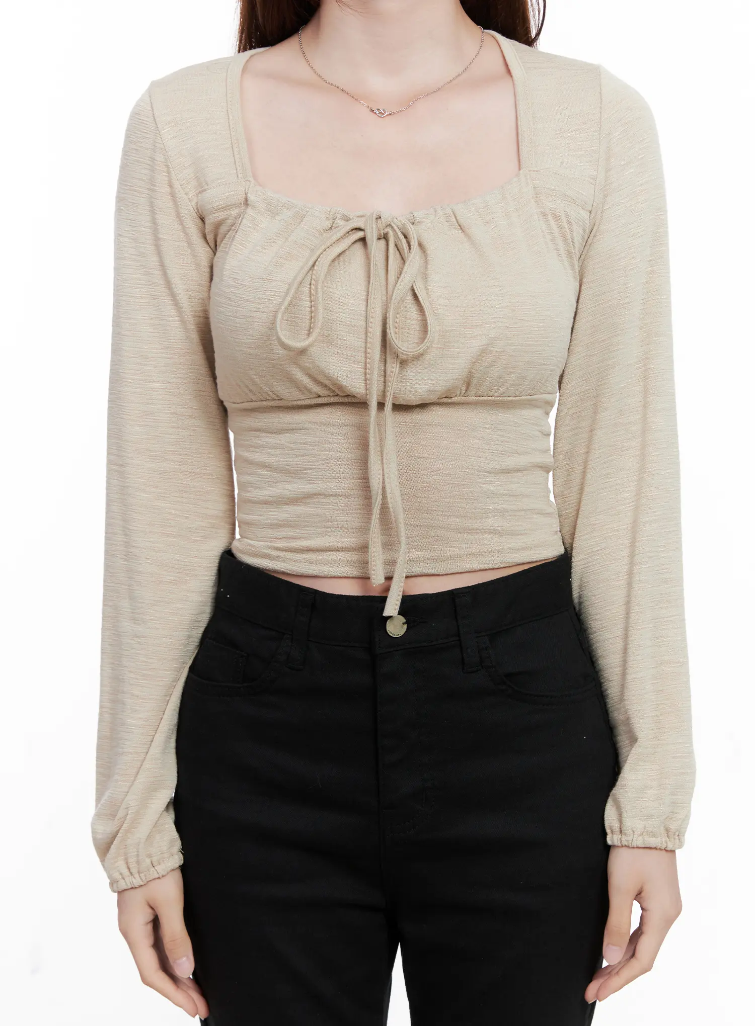 Long Sleeve Shirred Ribbon Crop Top CG521 - Image 3