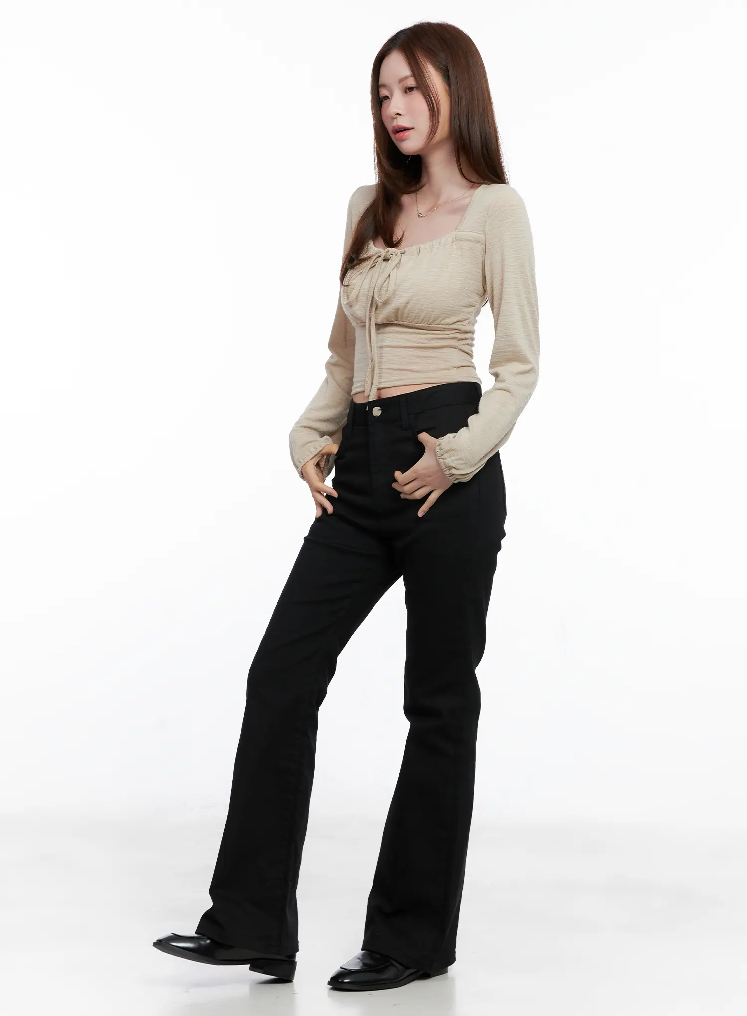 Long Sleeve Shirred Ribbon Crop Top CG521 - Image 6