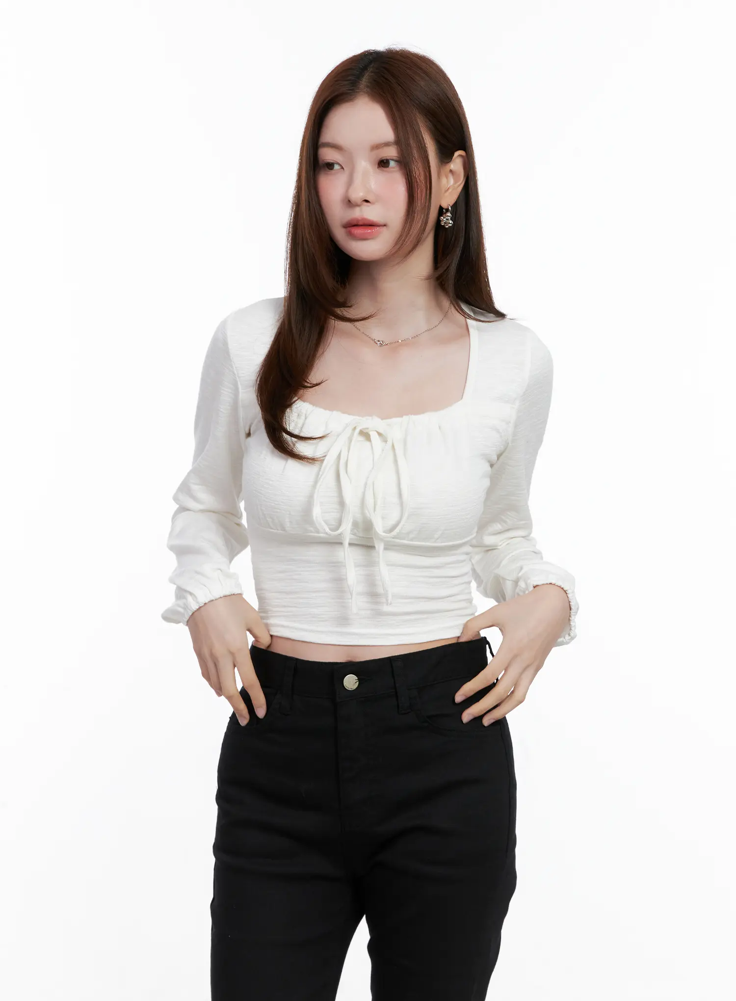 Long Sleeve Shirred Ribbon Crop Top CG521 - Image 8