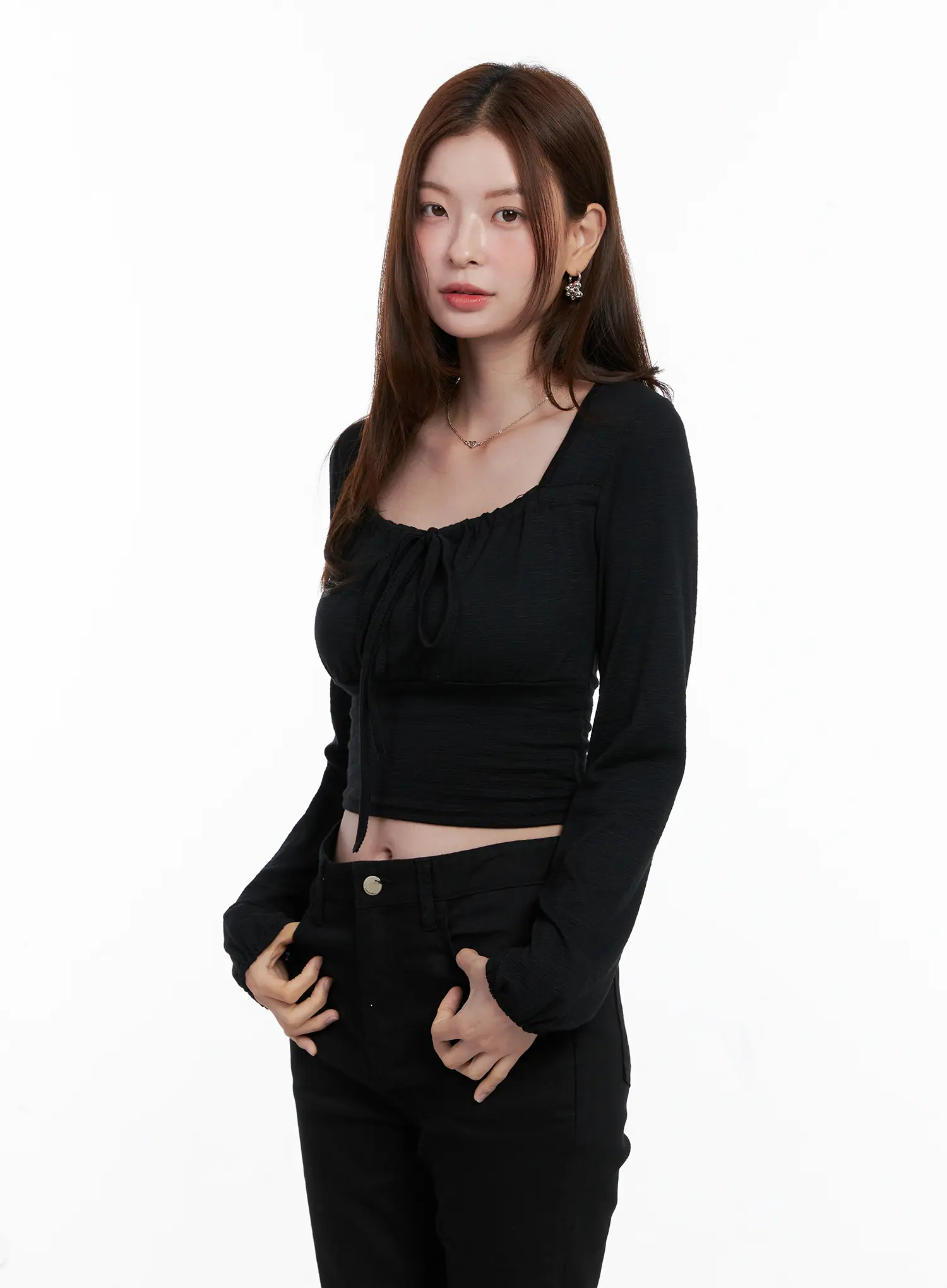 Long Sleeve Shirred Ribbon Crop Top CG521 - Image 9