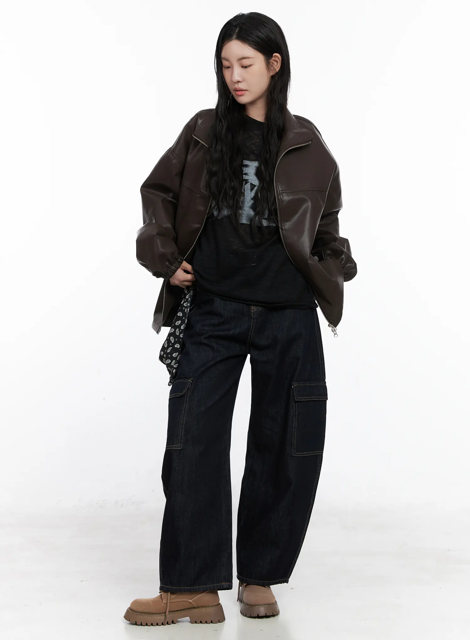 Loose Fit Balloon Faux Leather Jacket CN512 - Image 2