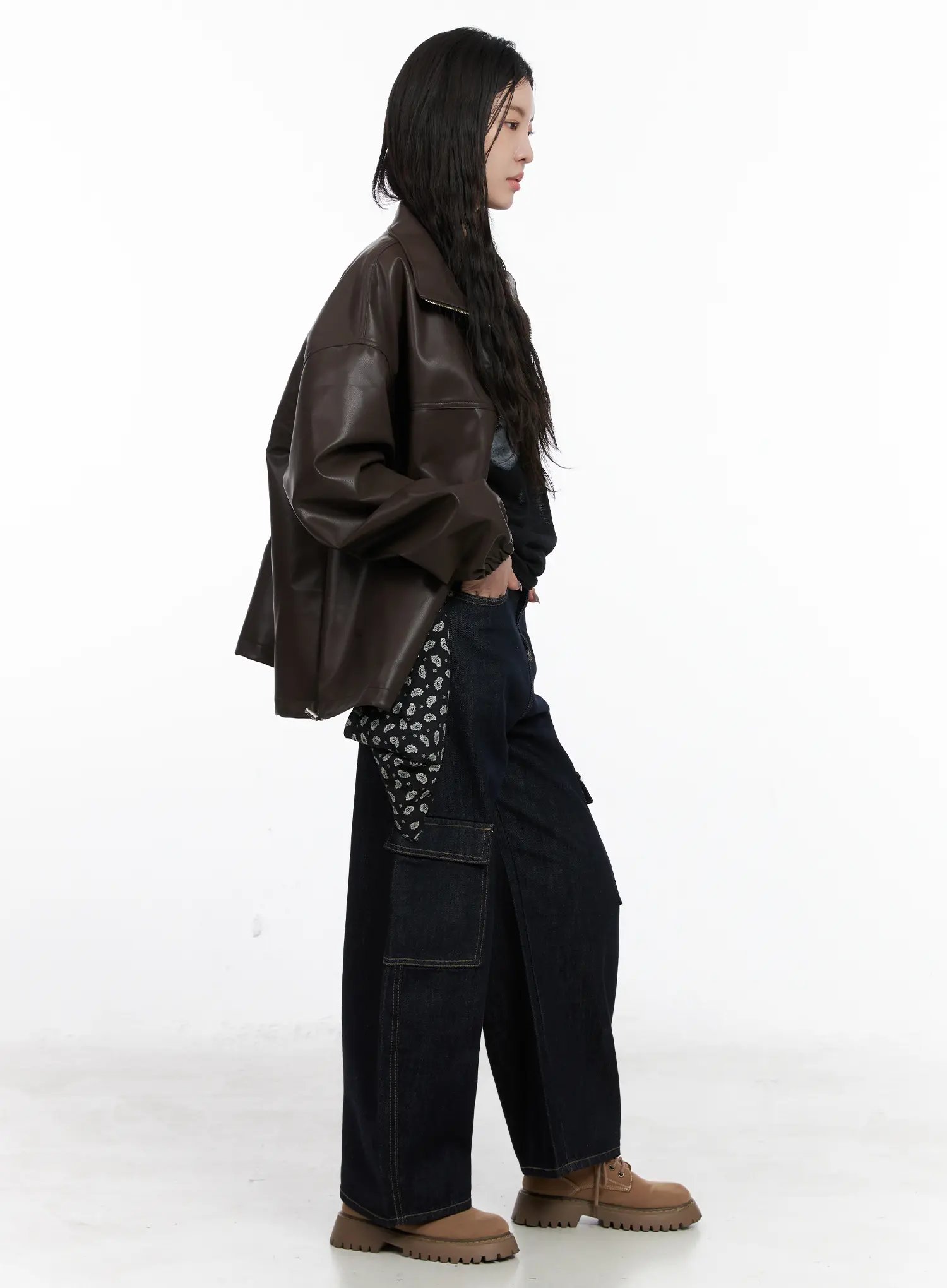 Loose Fit Balloon Faux Leather Jacket CN512 - Image 3