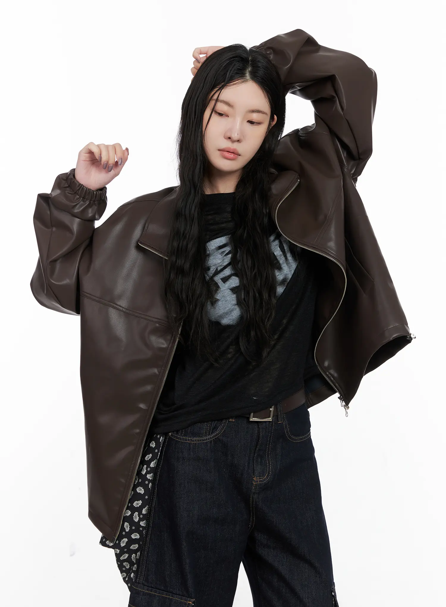 Loose Fit Balloon Faux Leather Jacket CN512 - Image 8