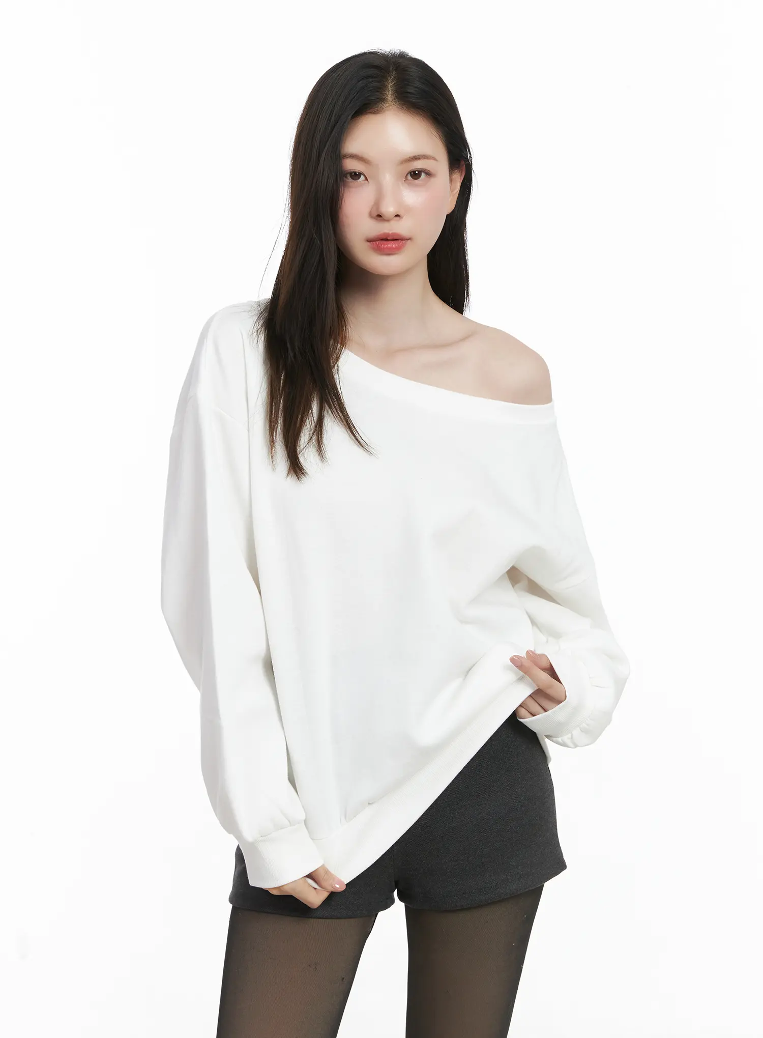 Loose-Fit Off-Shoulder Fleece Lined Sweatshirt CJ507 - Image 10