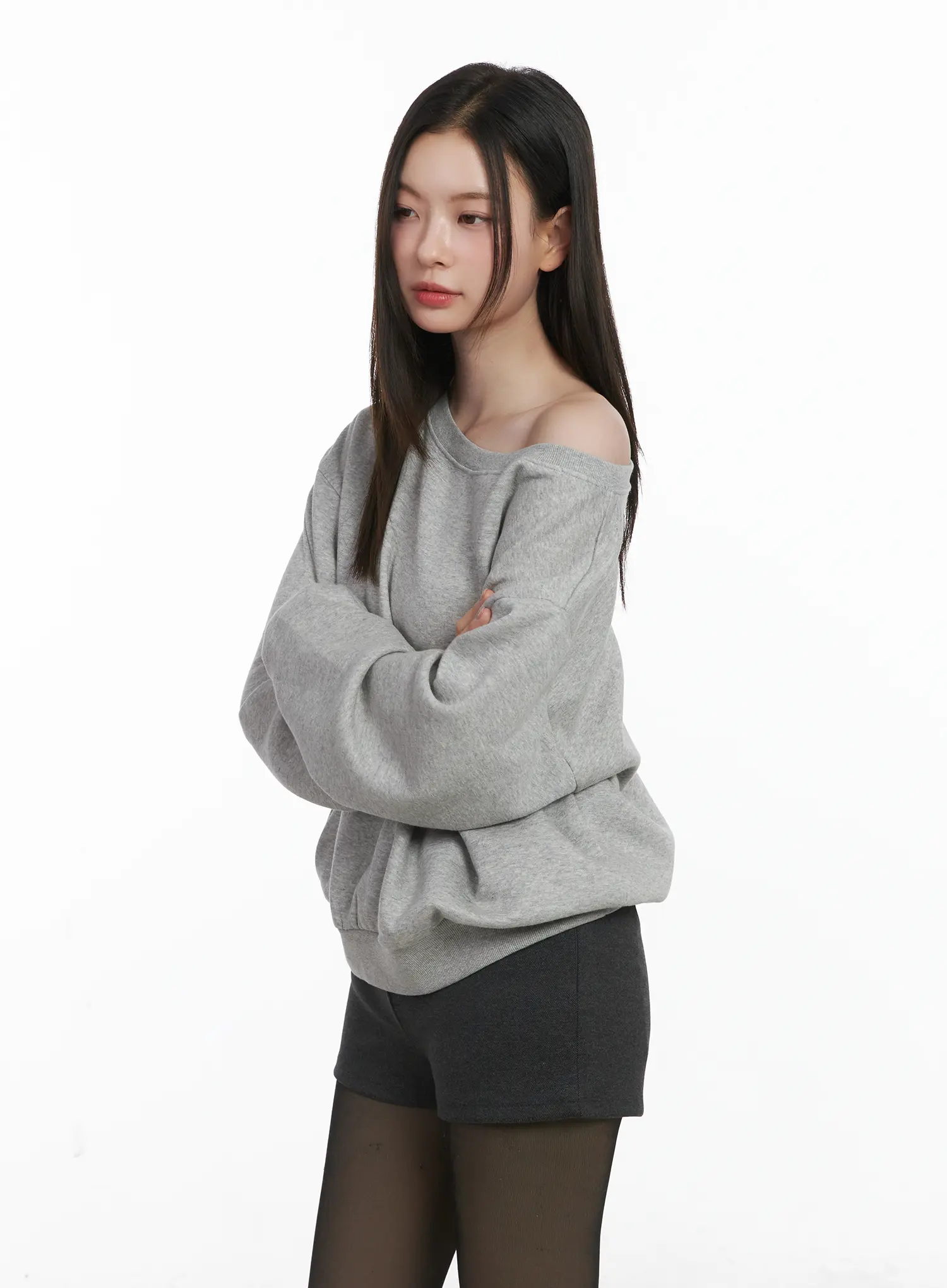 Loose-Fit Off-Shoulder Fleece Lined Sweatshirt CJ507 - Image 7