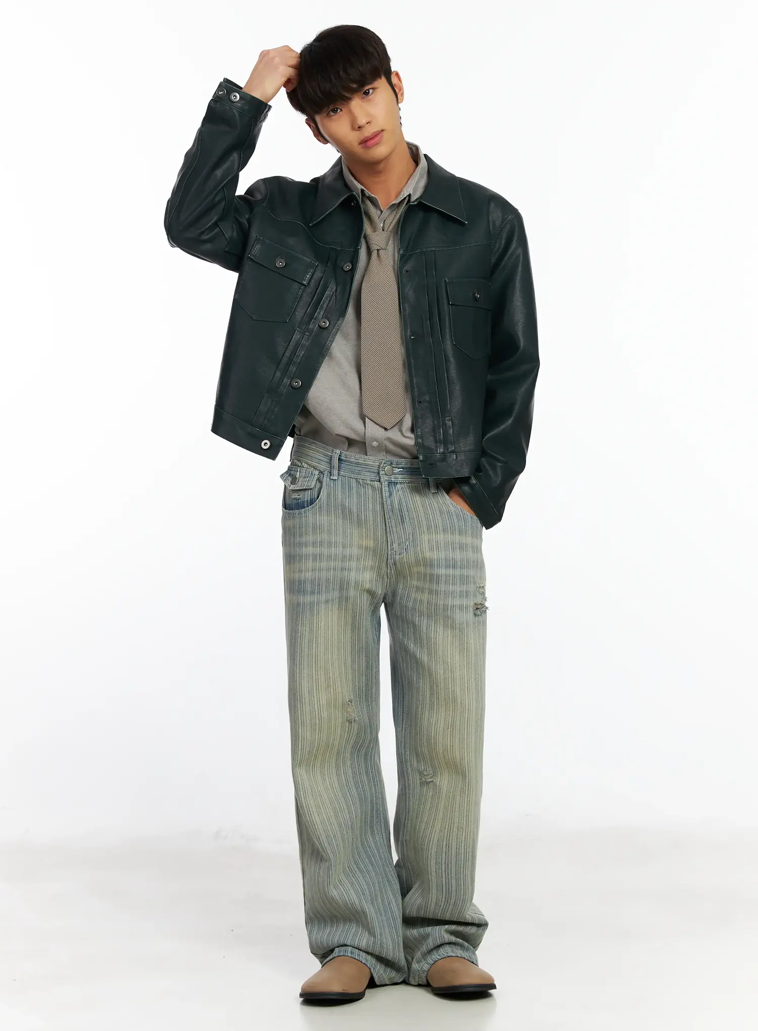 Men’s Green Leather Trucker Jacket IF504