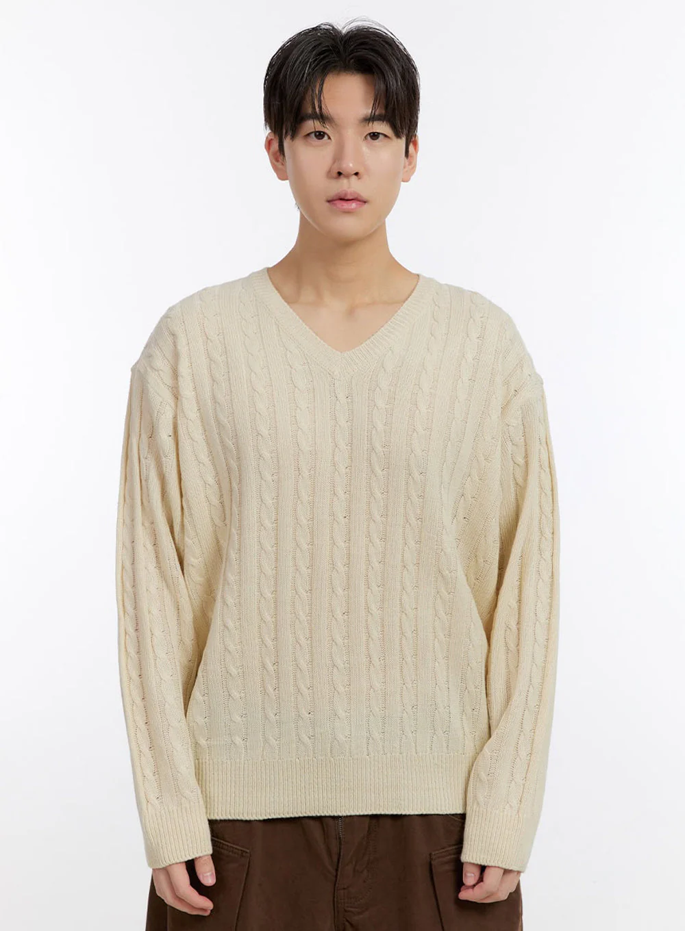 Men's Cable-Knit V-Neck Sweater IF528 - Image 11