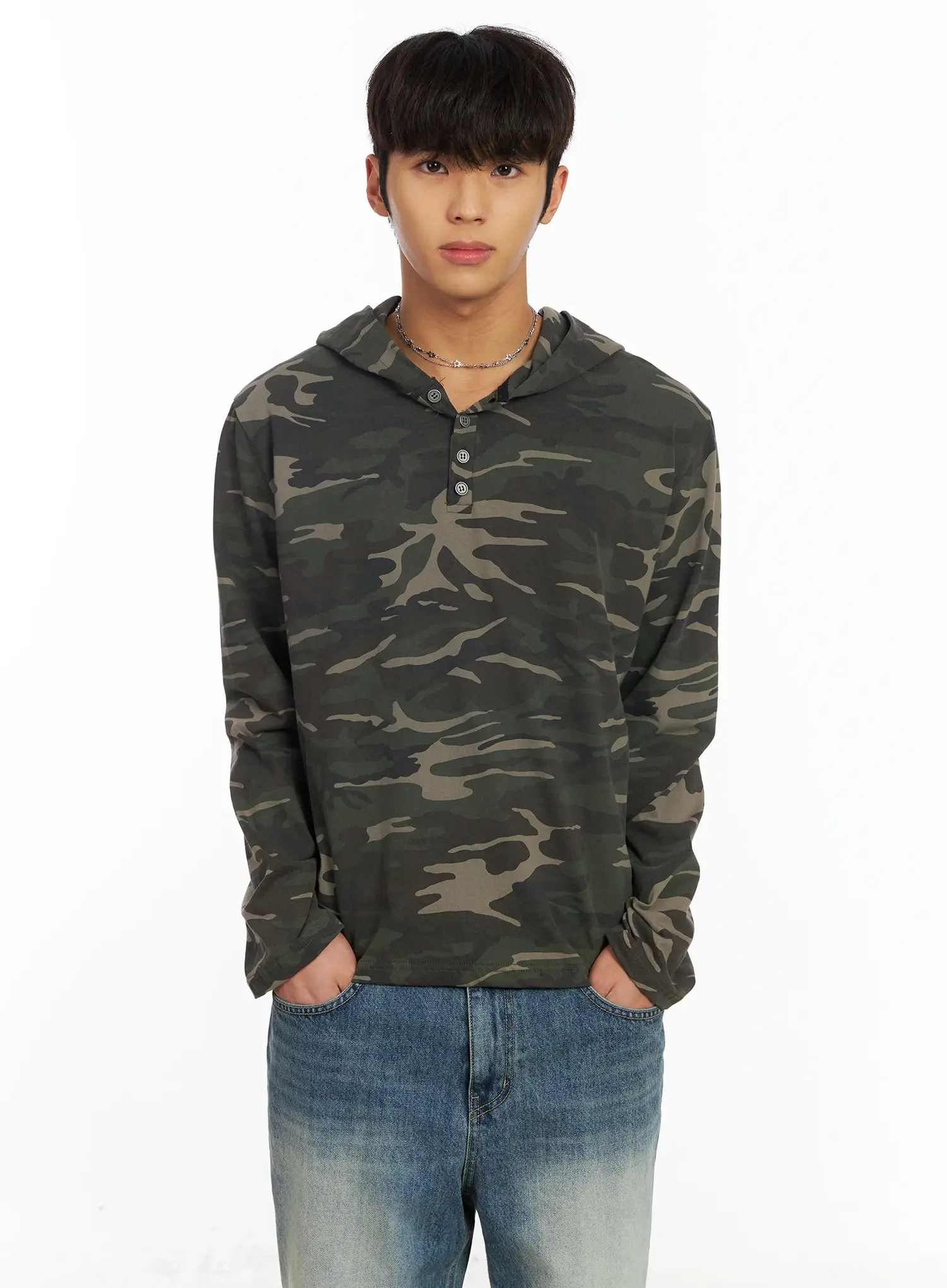 Men's Camo Henley Hoodie IF504 - Image 6