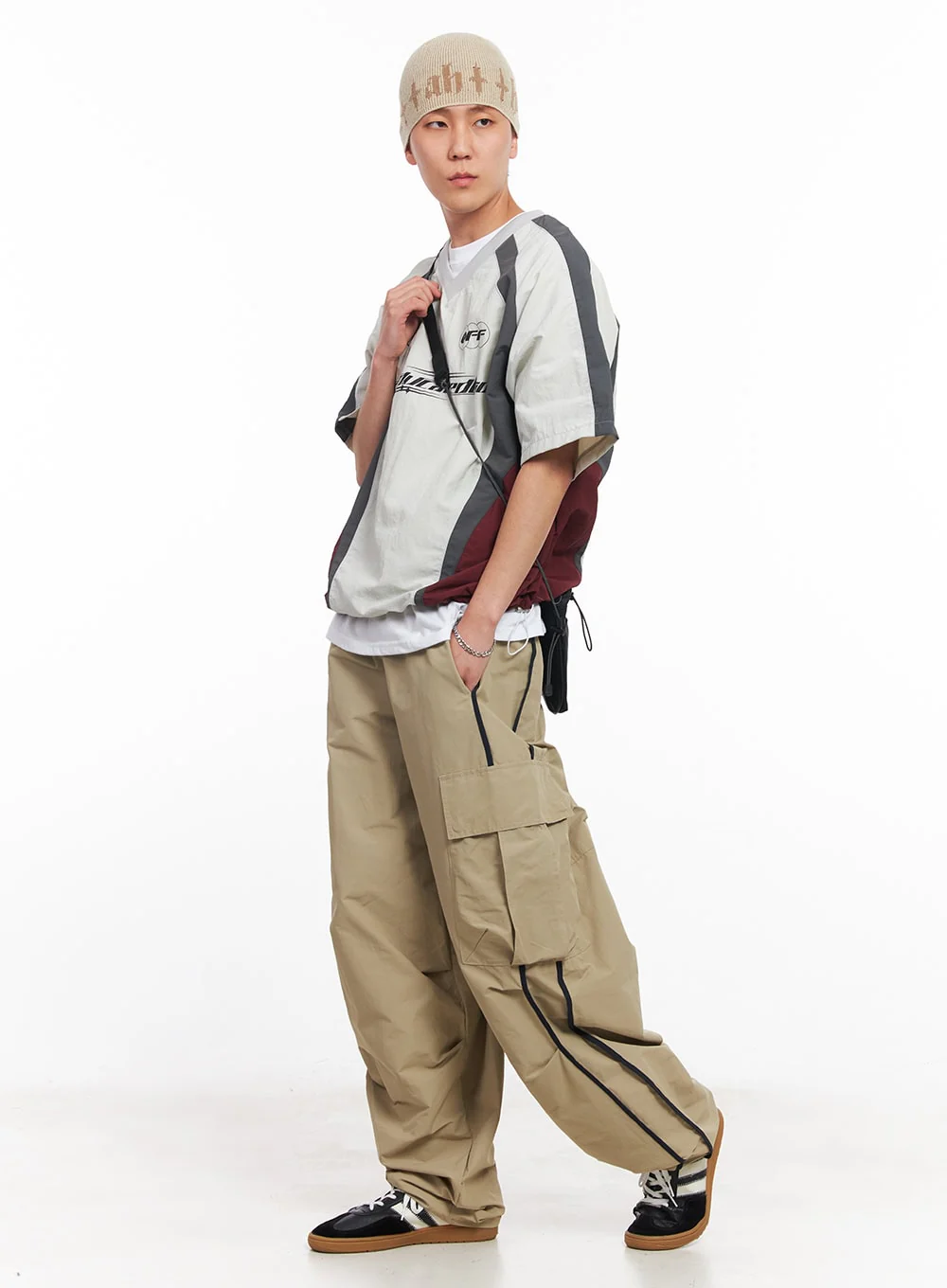 Men's Cargo Balloon-Fit Windbreaker Pants (Beige) IU512 - Image 11