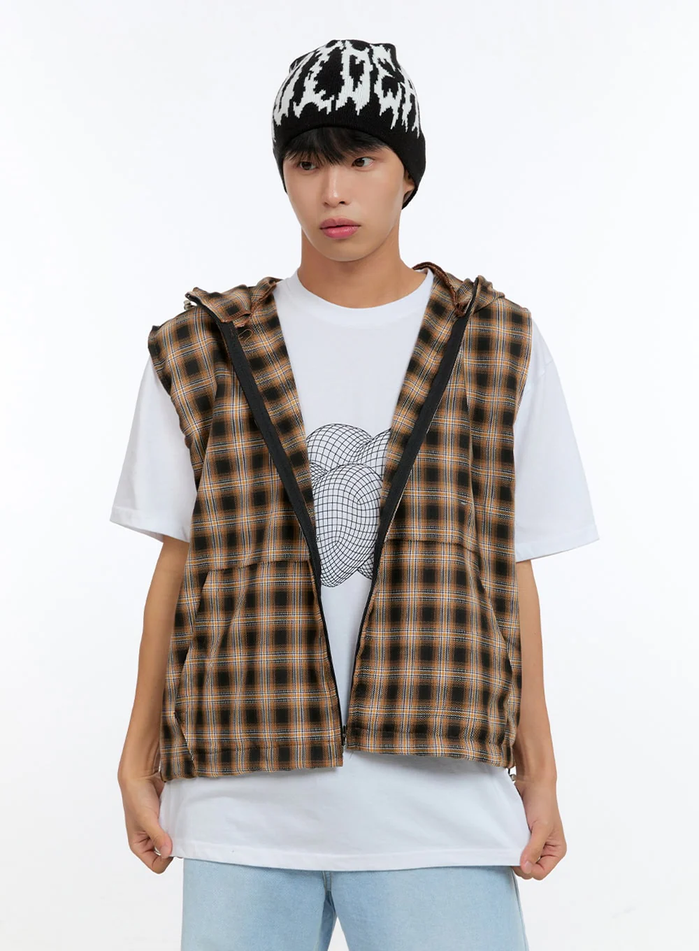 Men's Checkered Zip-Up Hooded Vest IG416 - Image 4