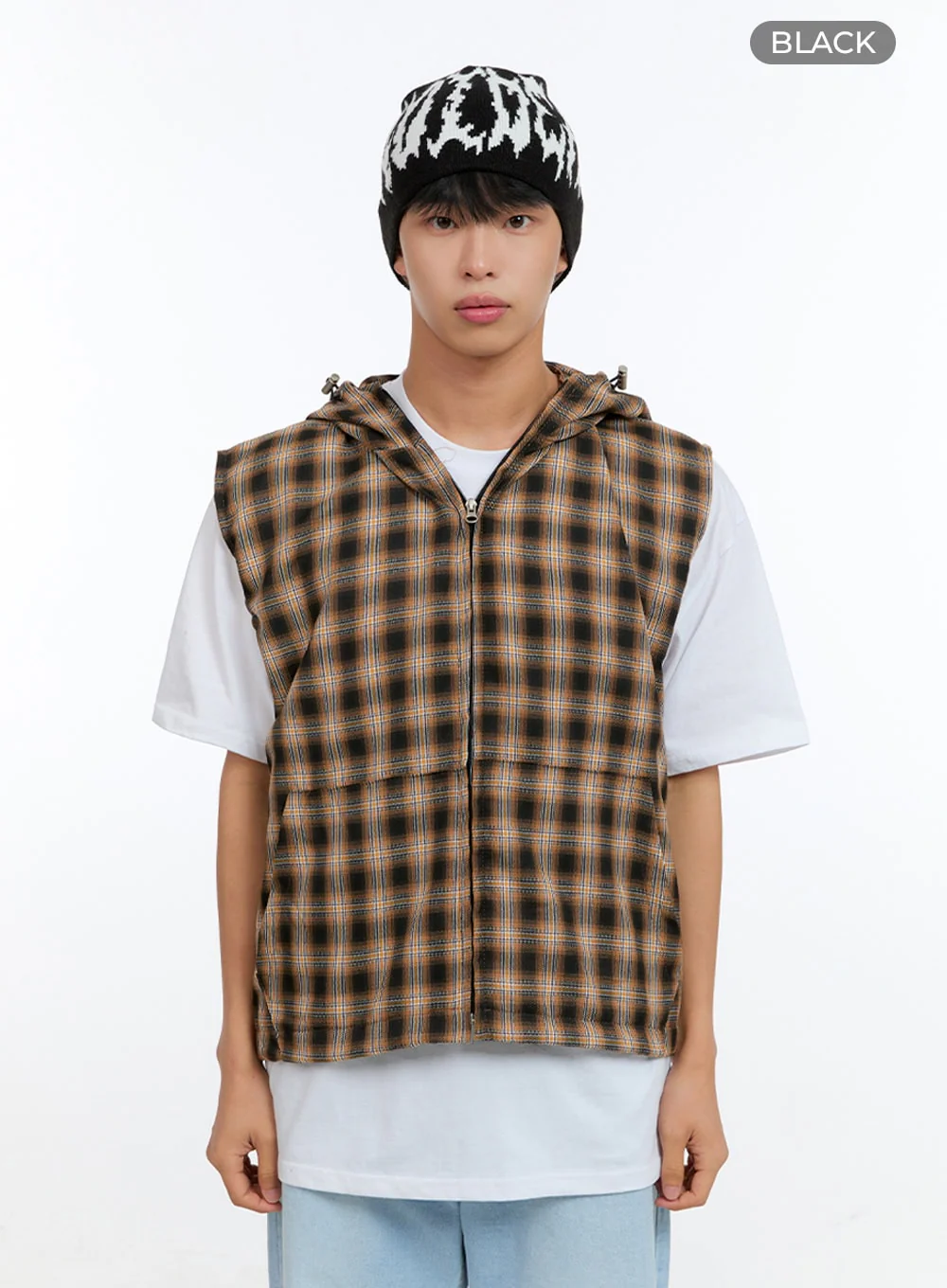 Men's Checkered Zip-Up Hooded Vest IG416 - Image 9