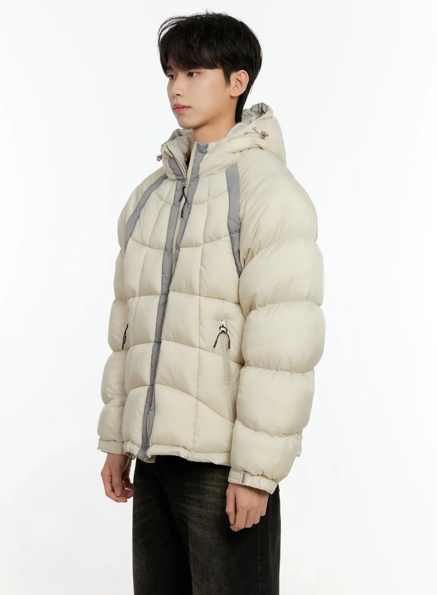 Men's Color Block Puffer Jacket (Light Beige) IO531 - Image 4