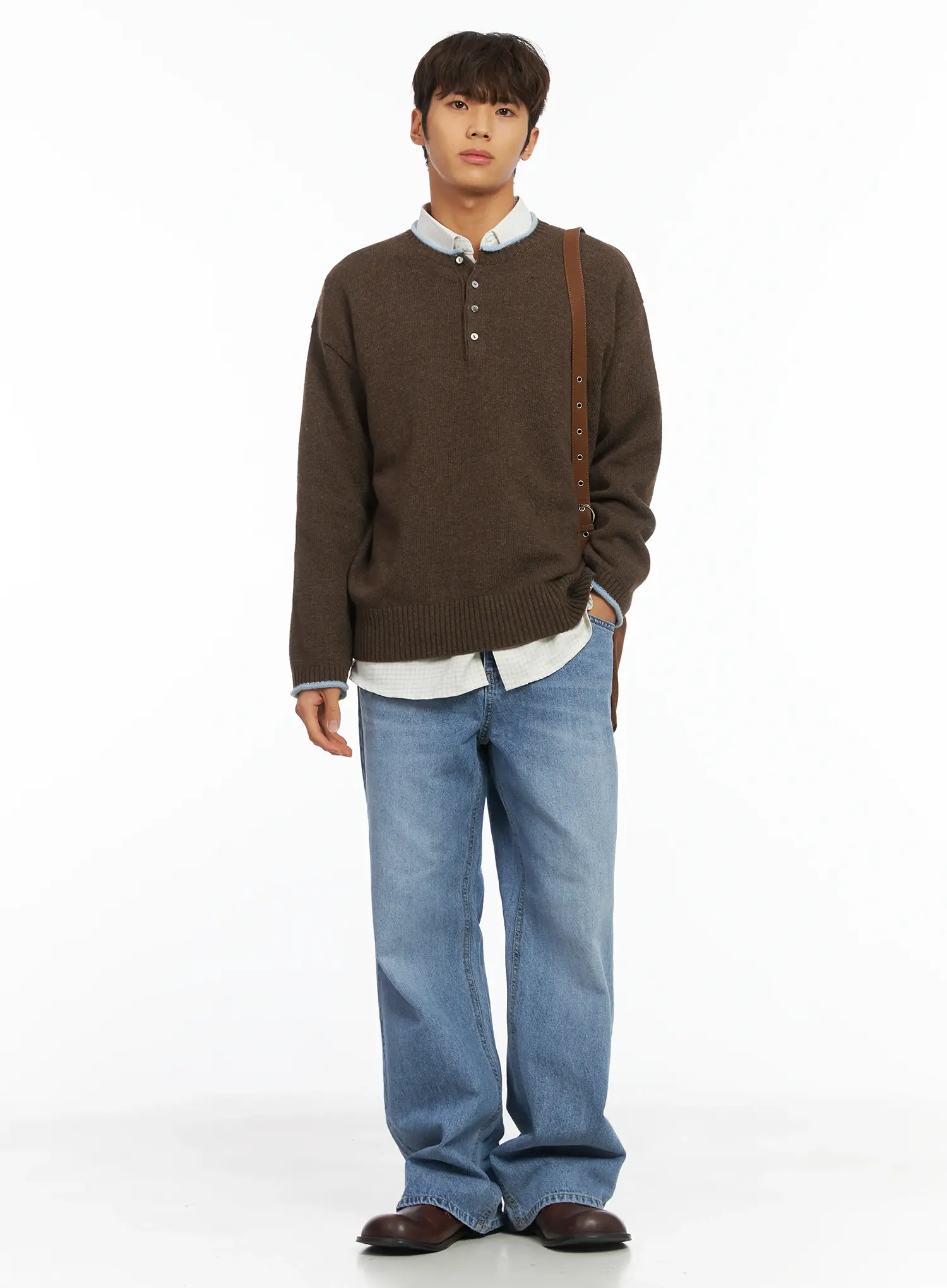Men's Contrast Henley Knit IJ514 - Image 2