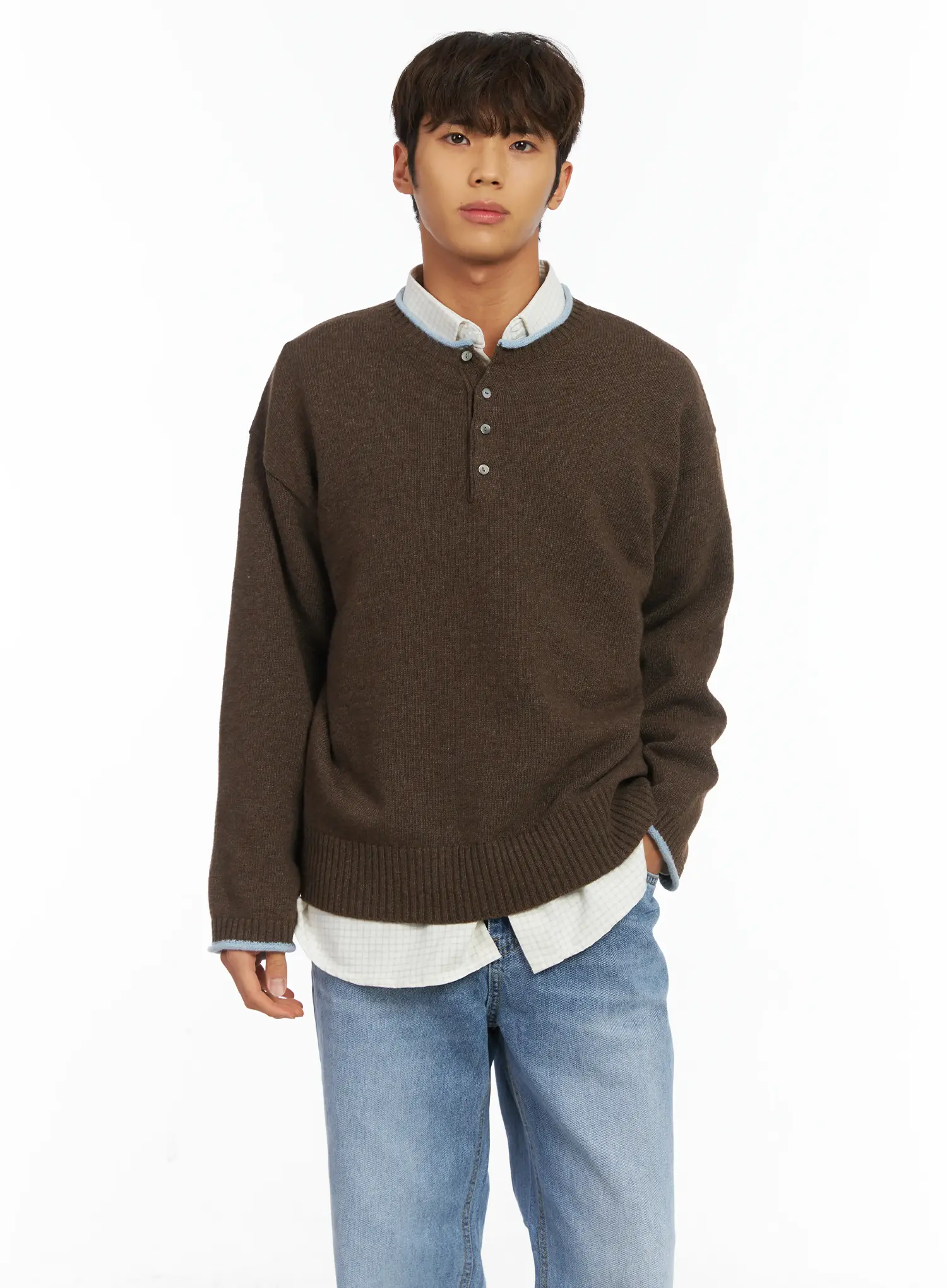 Men's Contrast Henley Knit IJ514 - Image 6