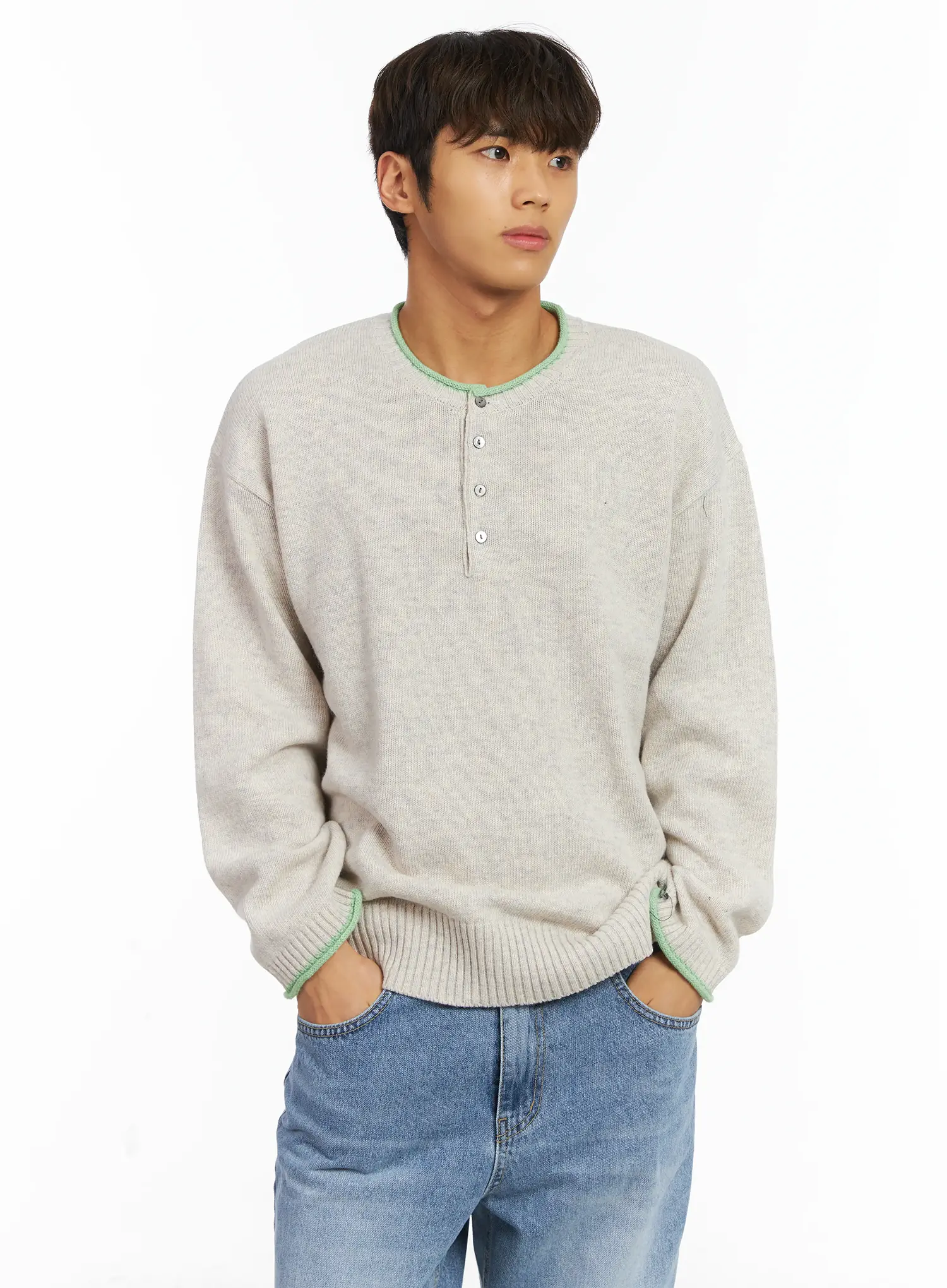 Men's Contrast Henley Knit IJ514 - Image 9