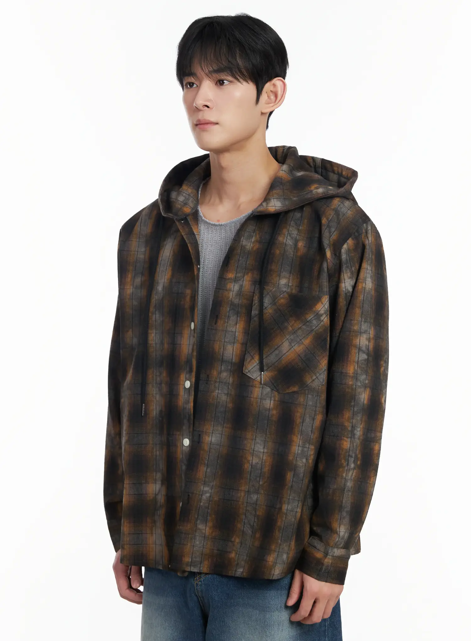 Men's Dark Wash Plaid Hooded Flannel IF516 - Image 4
