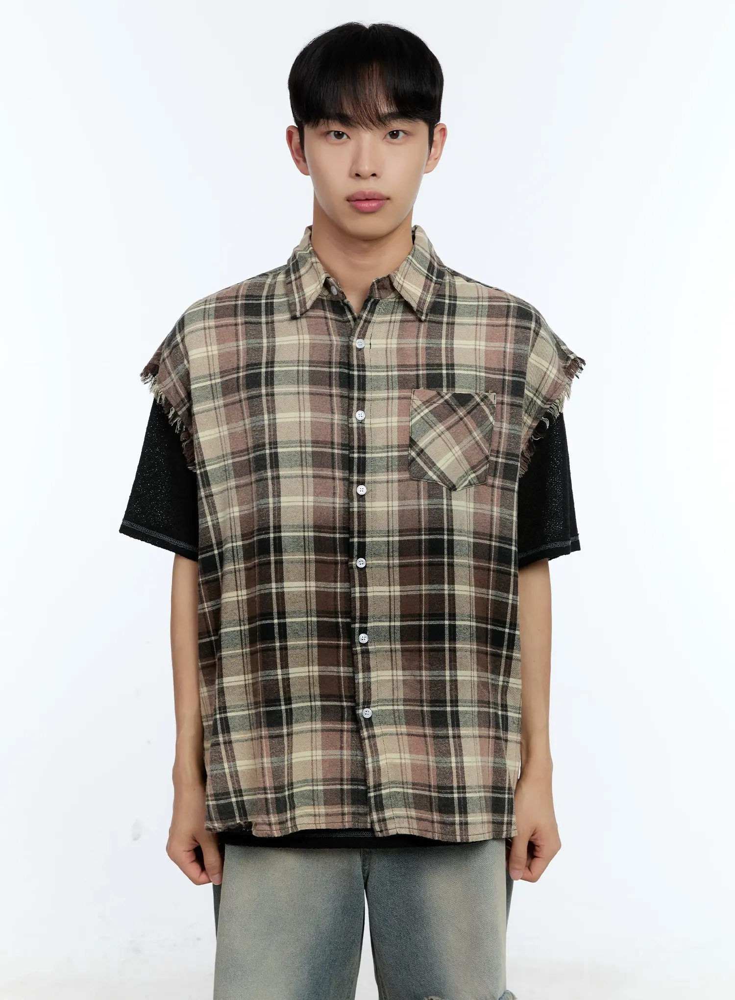 Men's Distressed Plaid Shirt Vest IL517 - Image 12