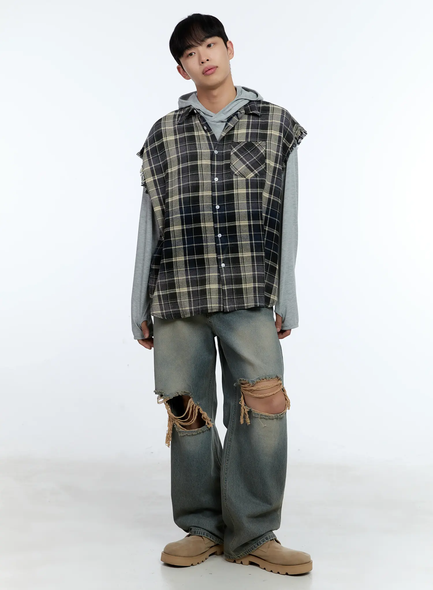 Men's Distressed Plaid Shirt Vest IL517 - Image 7