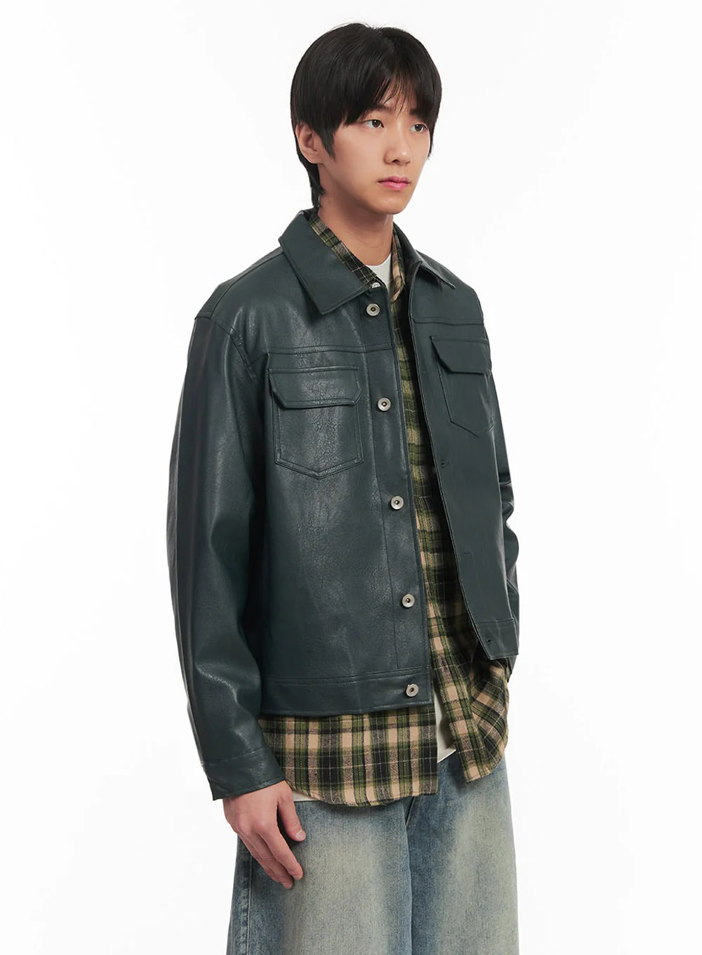 Men's Faux-Leather Collared Trucker Jacket IA511 - Image 4
