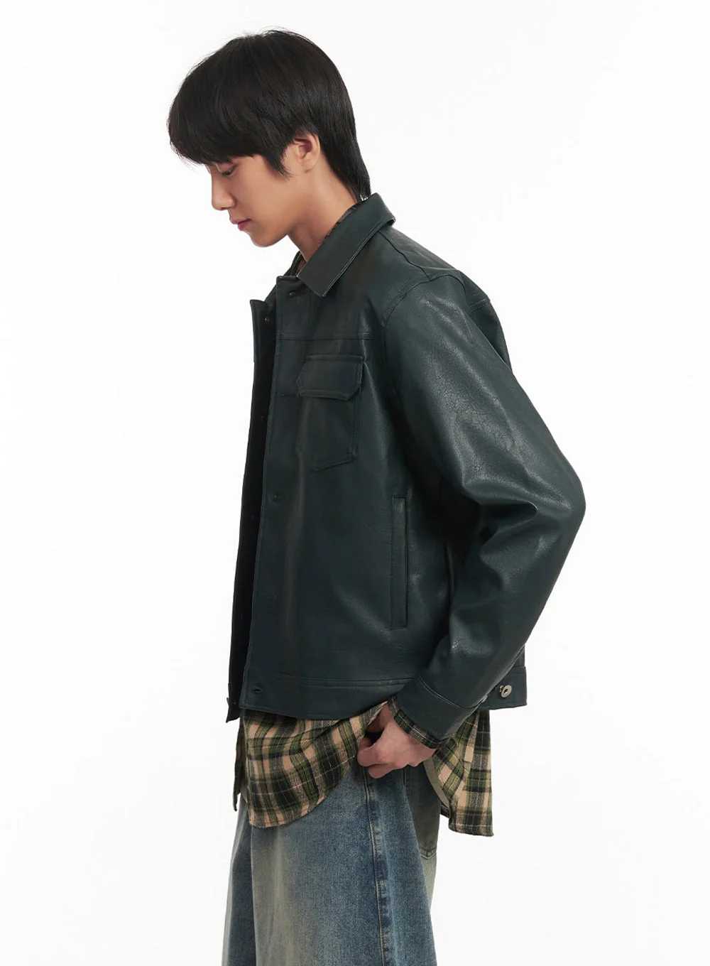 Men's Faux-Leather Collared Trucker Jacket IA511 - Image 5