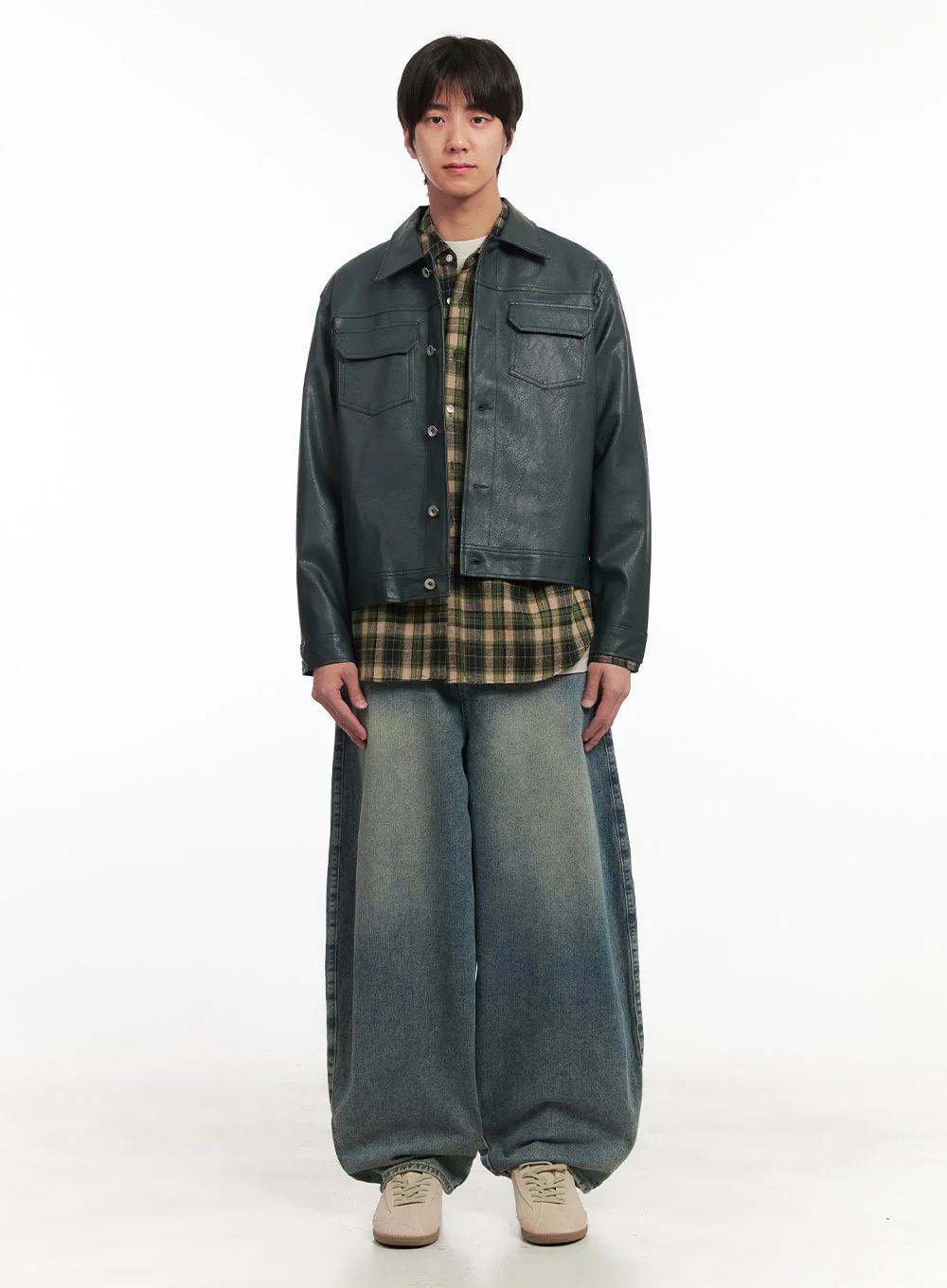 Men's Faux-Leather Collared Trucker Jacket IA511 - Image 8