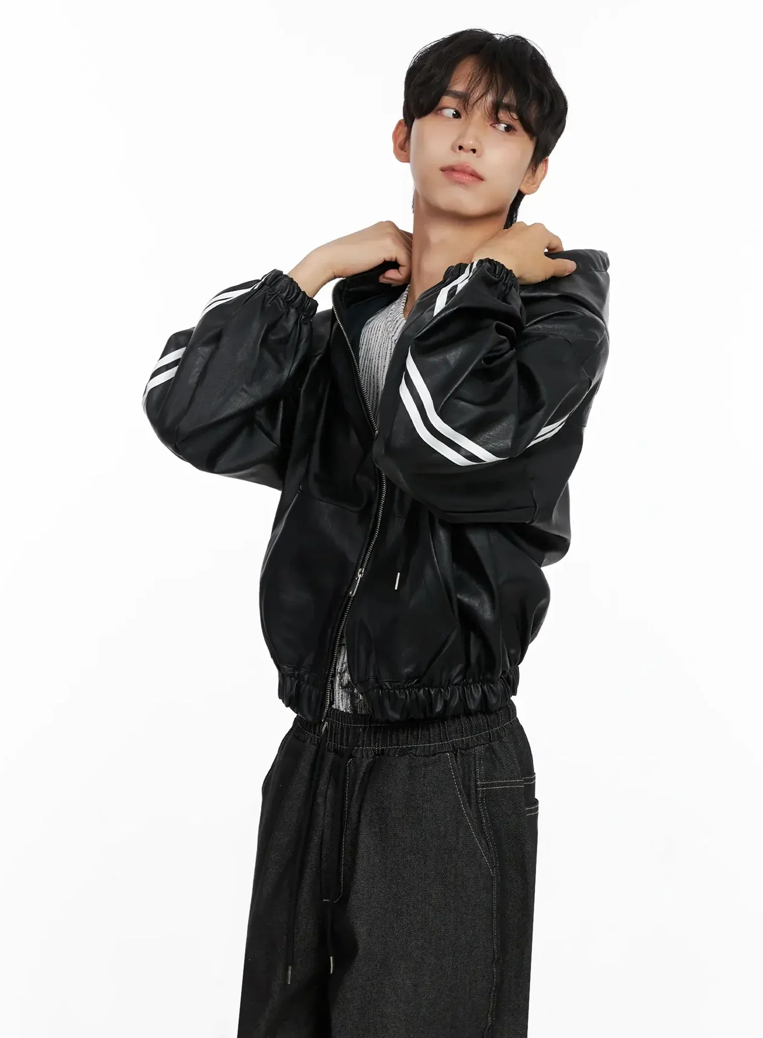 Men's Faux Leather Track Hooded Jacket IO517 - Image 12