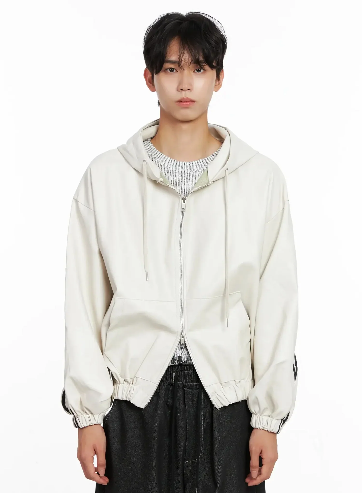 Men's Faux Leather Track Hooded Jacket IO517 - Image 17