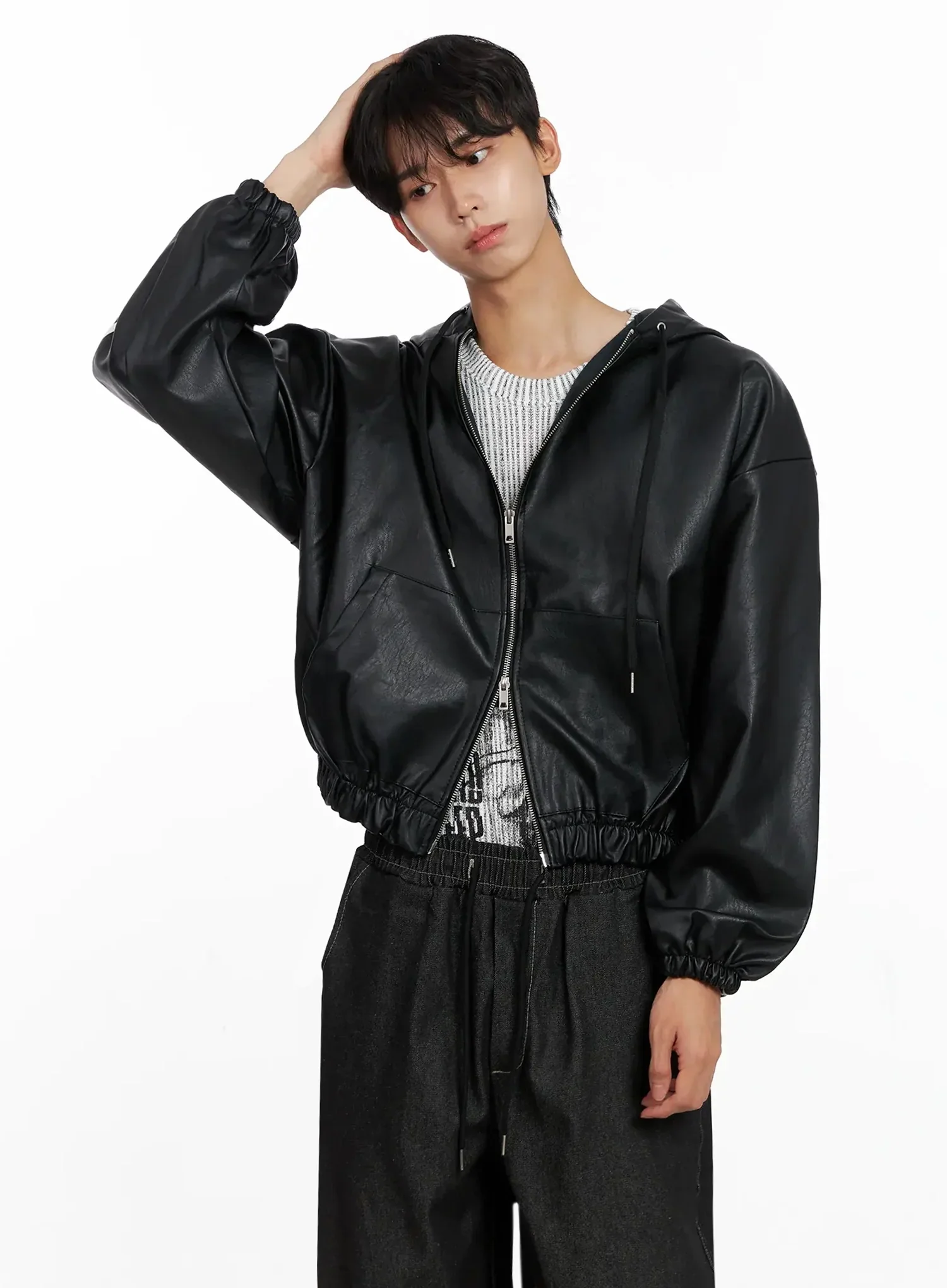 Men's Faux Leather Track Hooded Jacket IO517 - Image 3