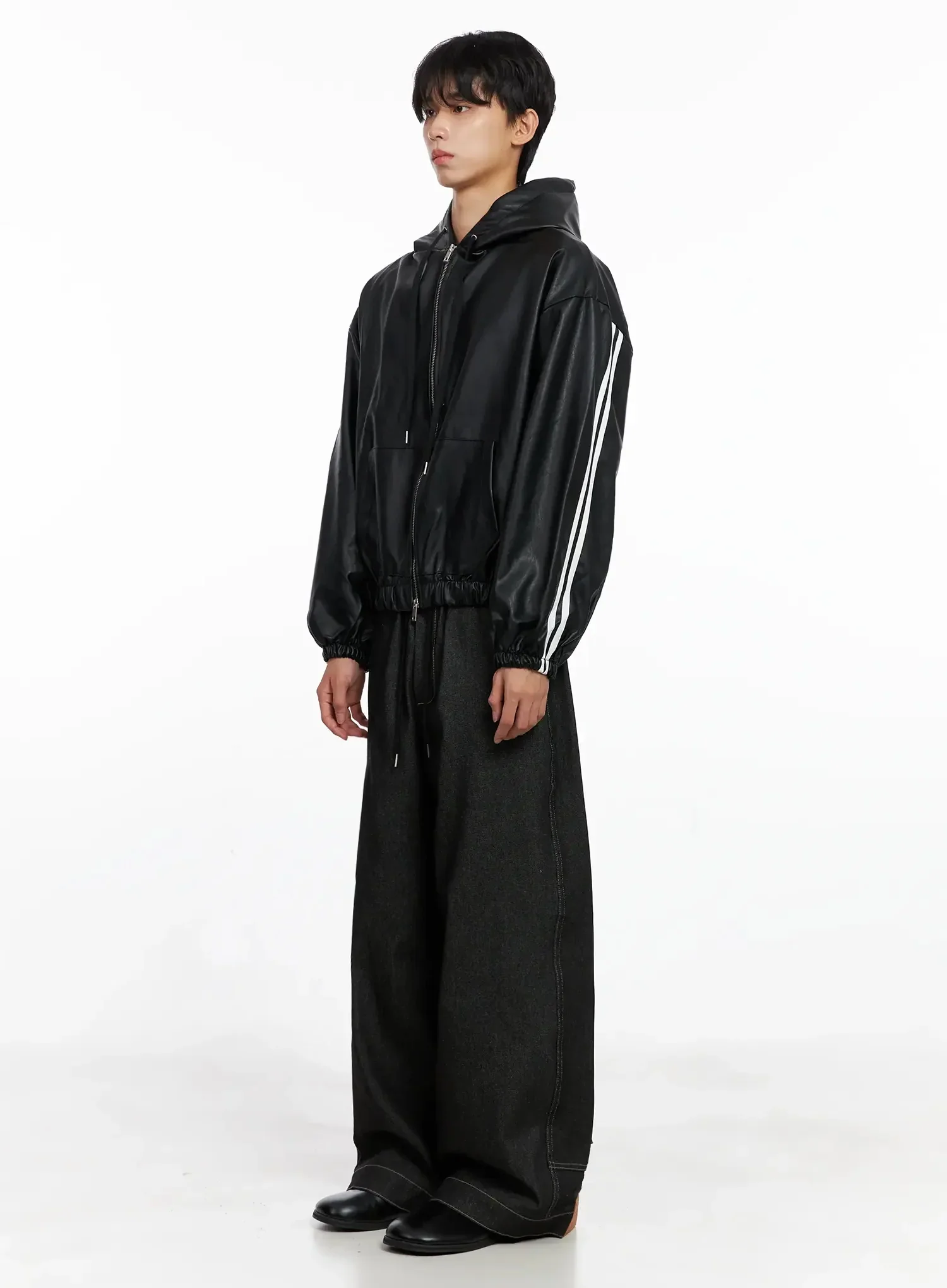 Men's Faux Leather Track Hooded Jacket IO517 - Image 7
