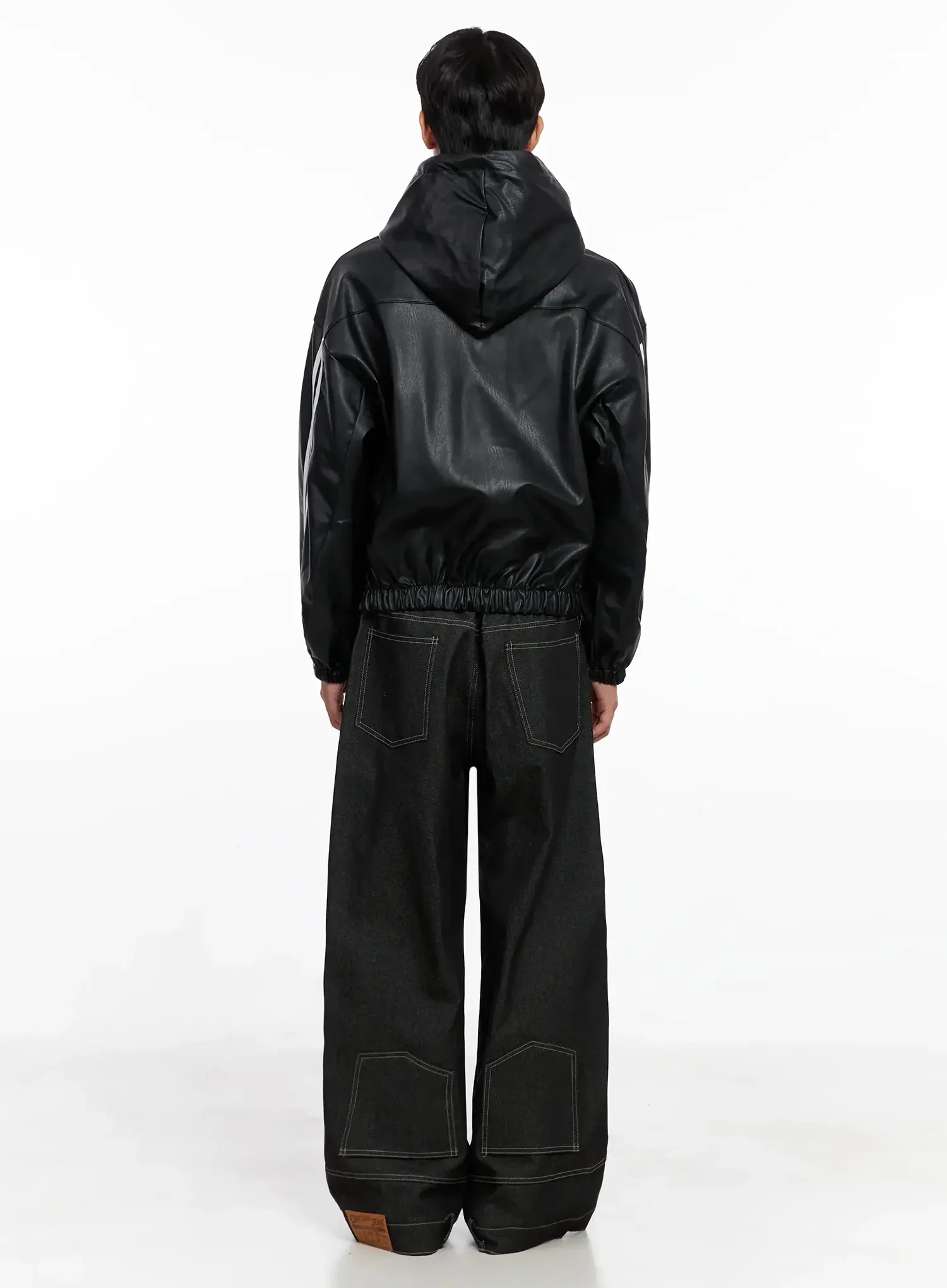 Men's Faux Leather Track Hooded Jacket IO517 - Image 9