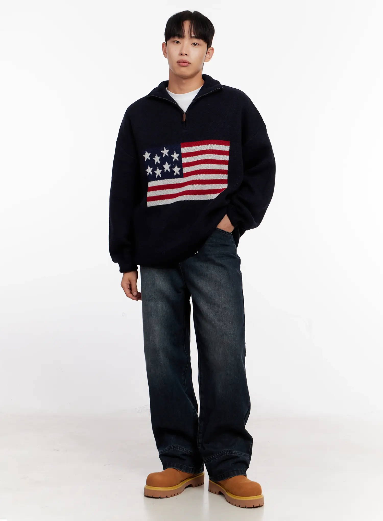 Men's Flag Graphic Half-Zip Sweater IO528 - Image 2
