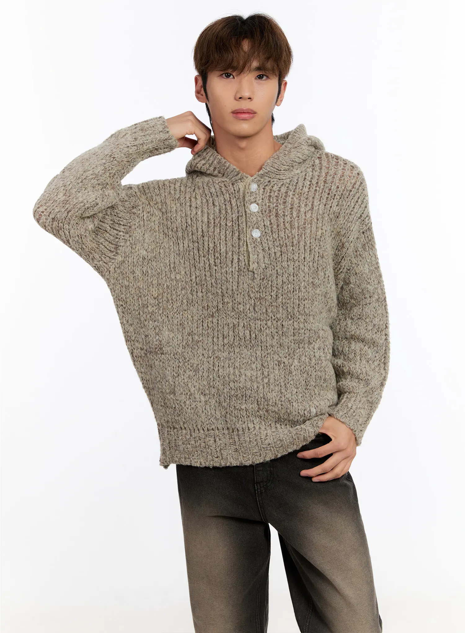 Men's Hooded Henley Knit Sweater IN528