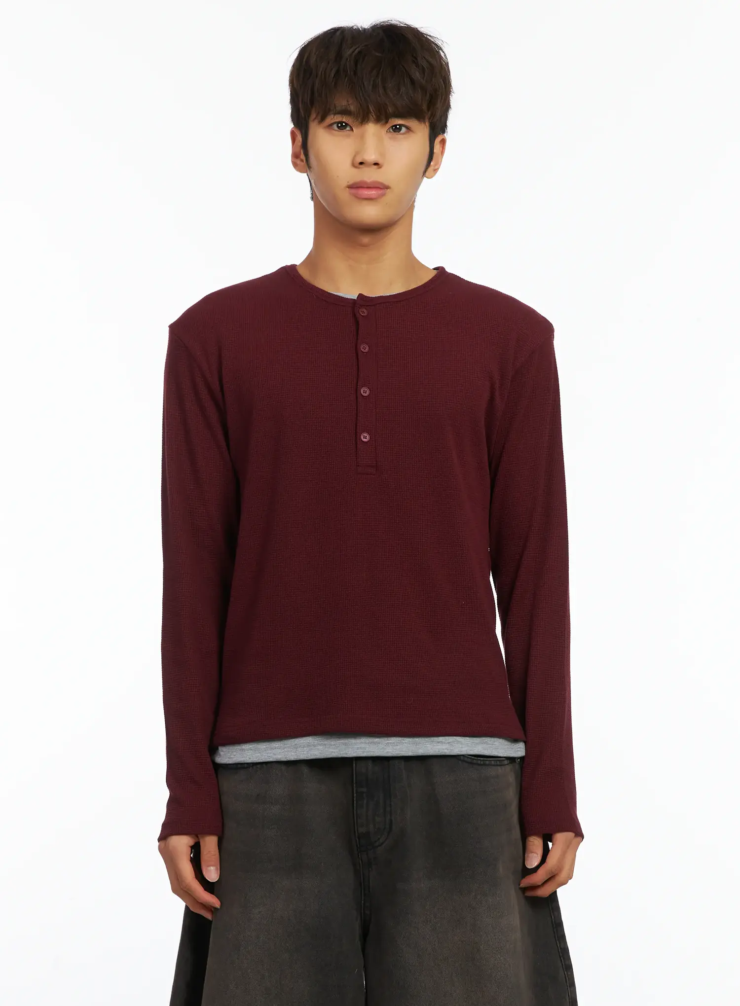 Men's Layered Waffle Henley Long Sleeve Shirt IJ514 - Image 11