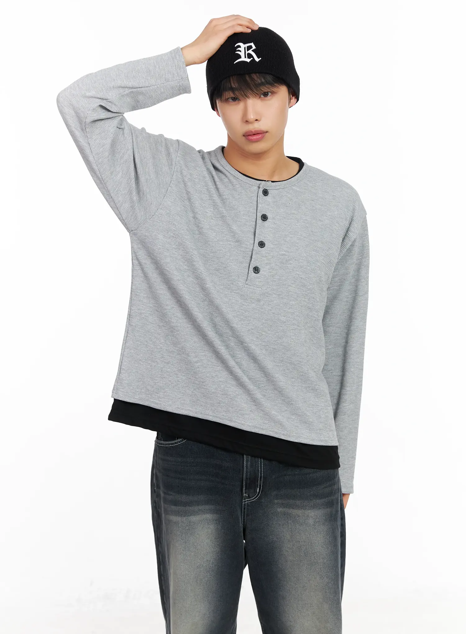 Men's Layered Waffle Henley Long Sleeve Tee IM511 - Image 2
