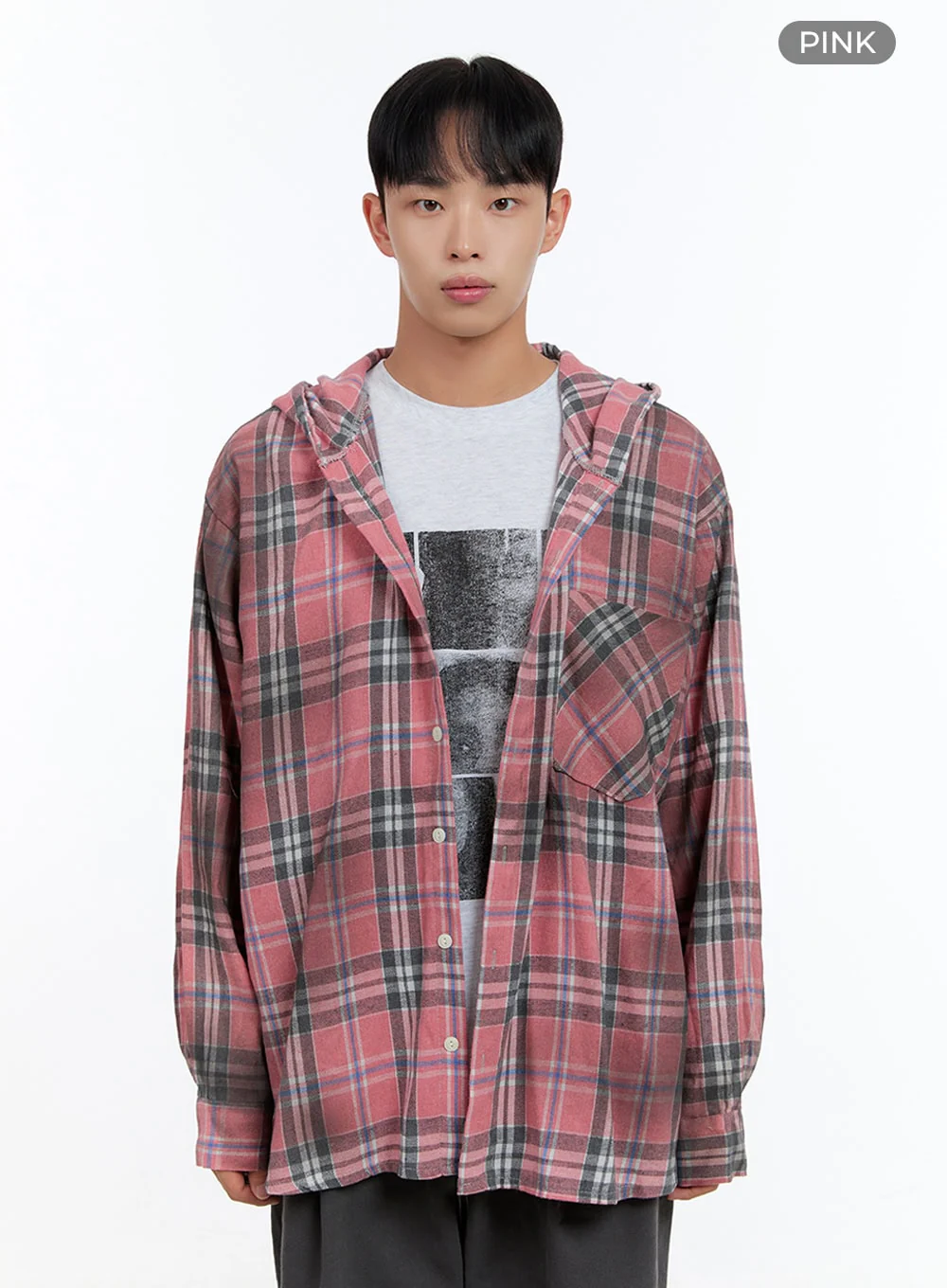 Men's Oversize Checkered Cotton Hooded Shirt IS413 - Image 10