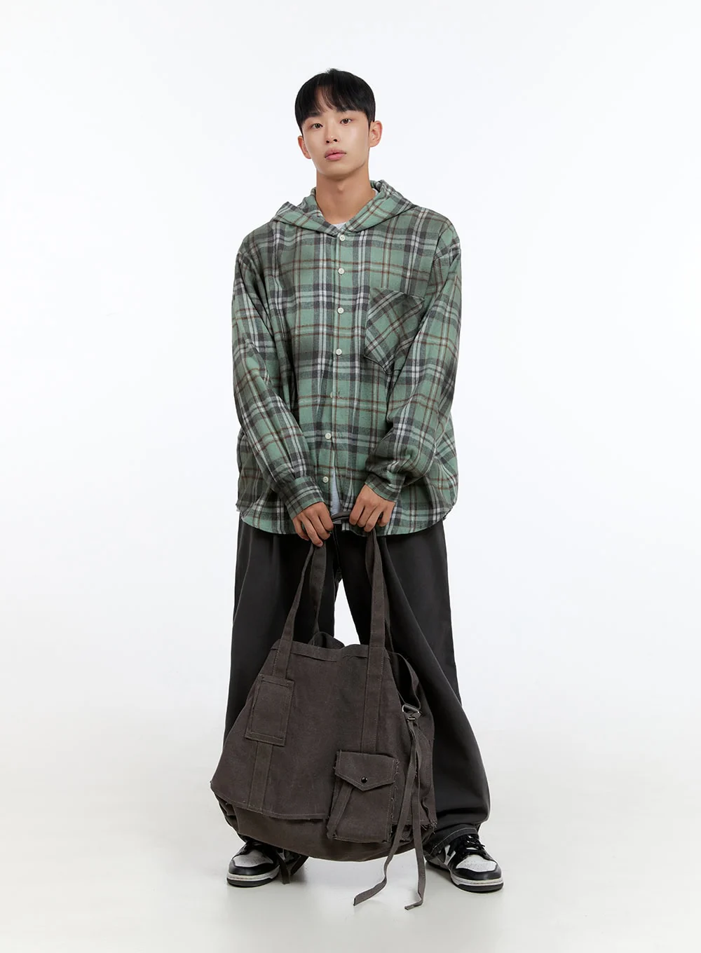 Men's Oversize Checkered Cotton Hooded Shirt IS413 - Image 2