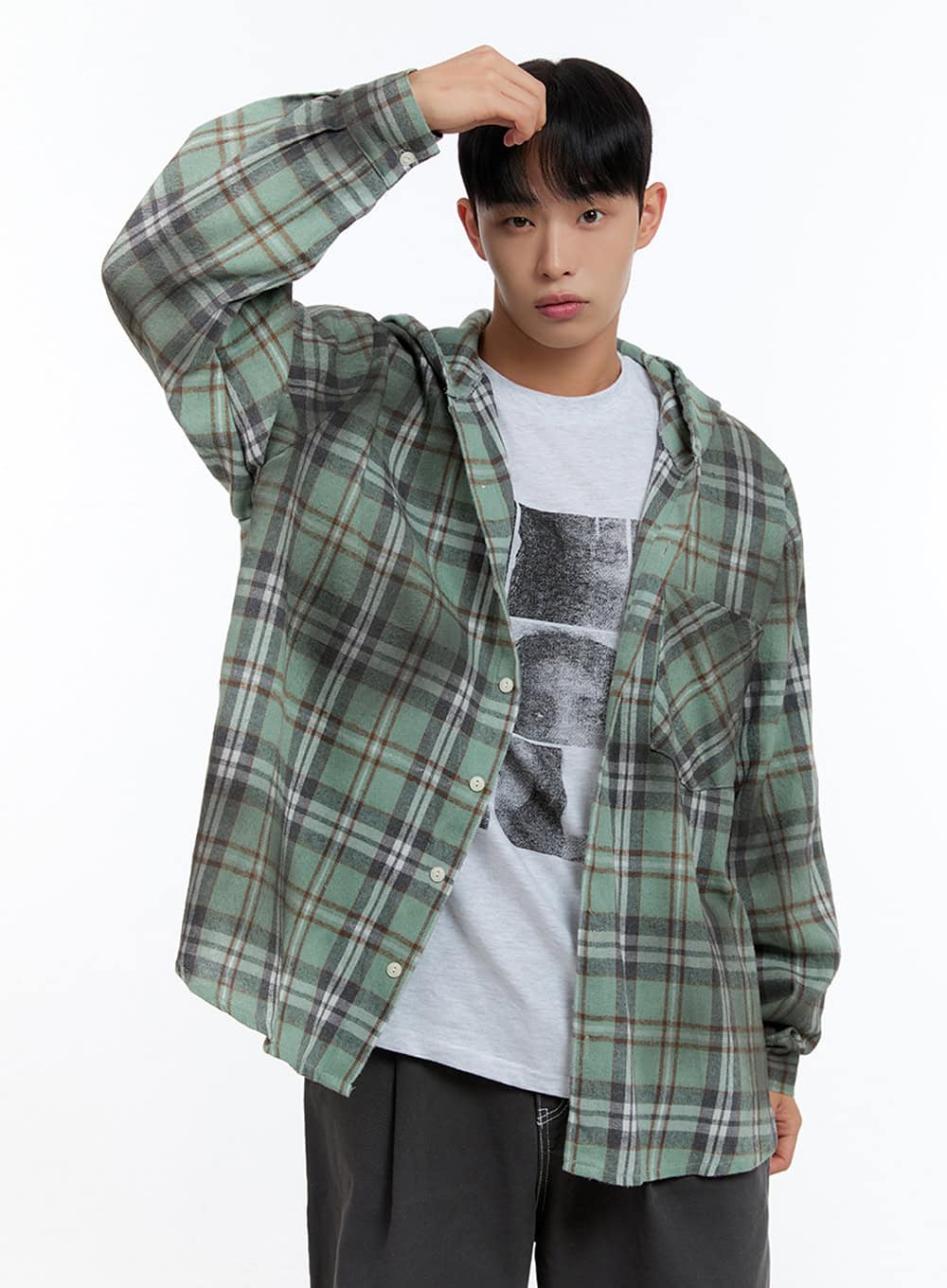 Men's Oversize Checkered Cotton Hooded Shirt IS413 - Image 3
