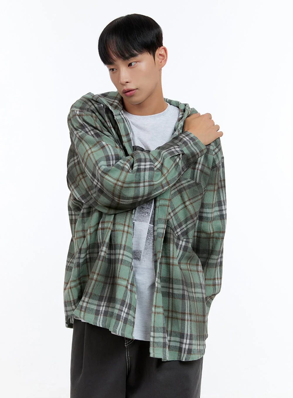 Men's Oversize Checkered Cotton Hooded Shirt IS413 - Image 4