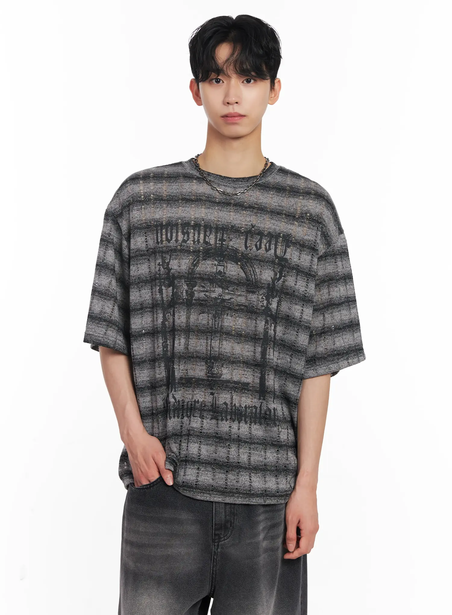 Men's Oversized Striped Graphic Tee IU526 - Image 11