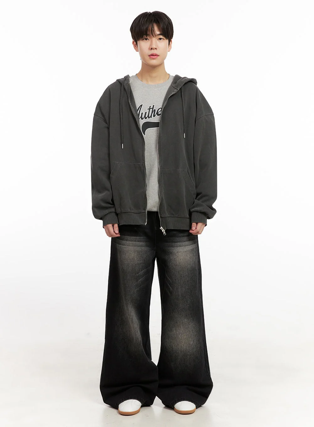 Men's Oversized Washed Zip-Up Hoodie IJ517 - Image 2