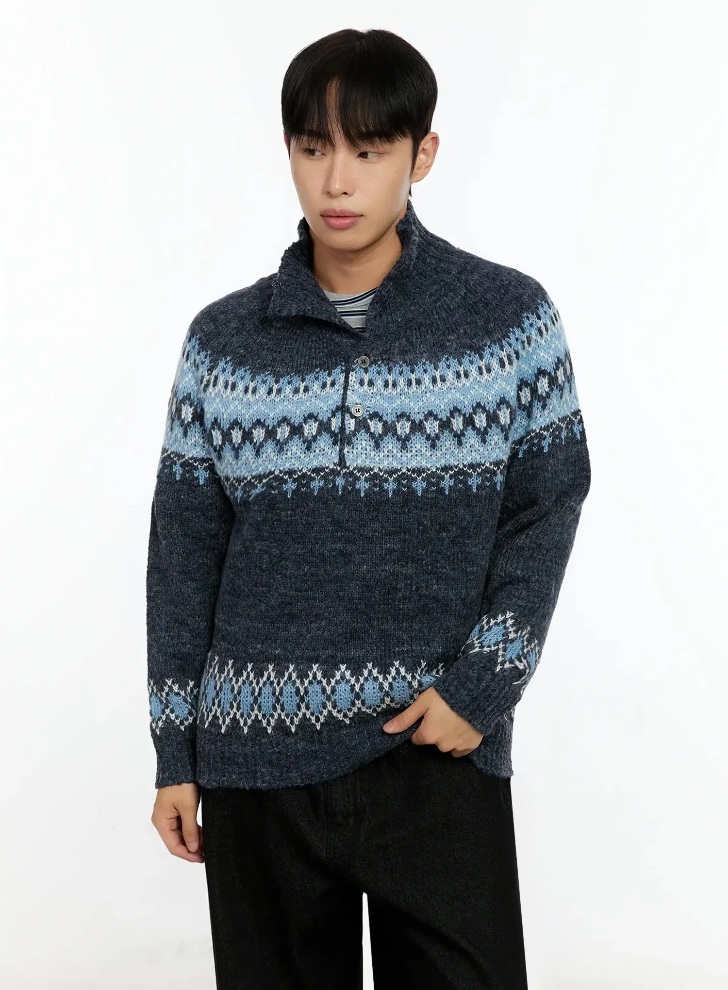 Men's Patterned High Neck Quarter Knit Sweater IN525 - Image 13