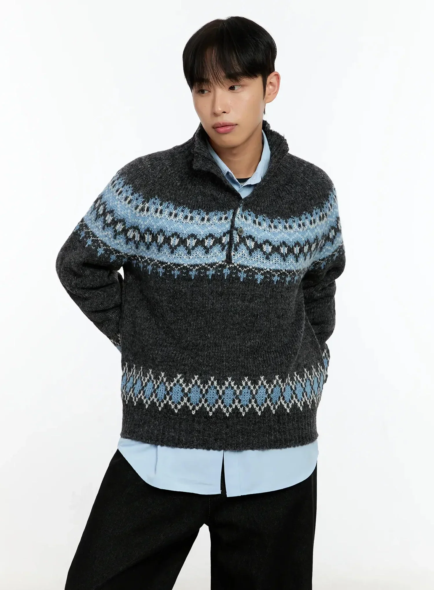 Men's Patterned High Neck Quarter Knit Sweater IN525 - Image 2
