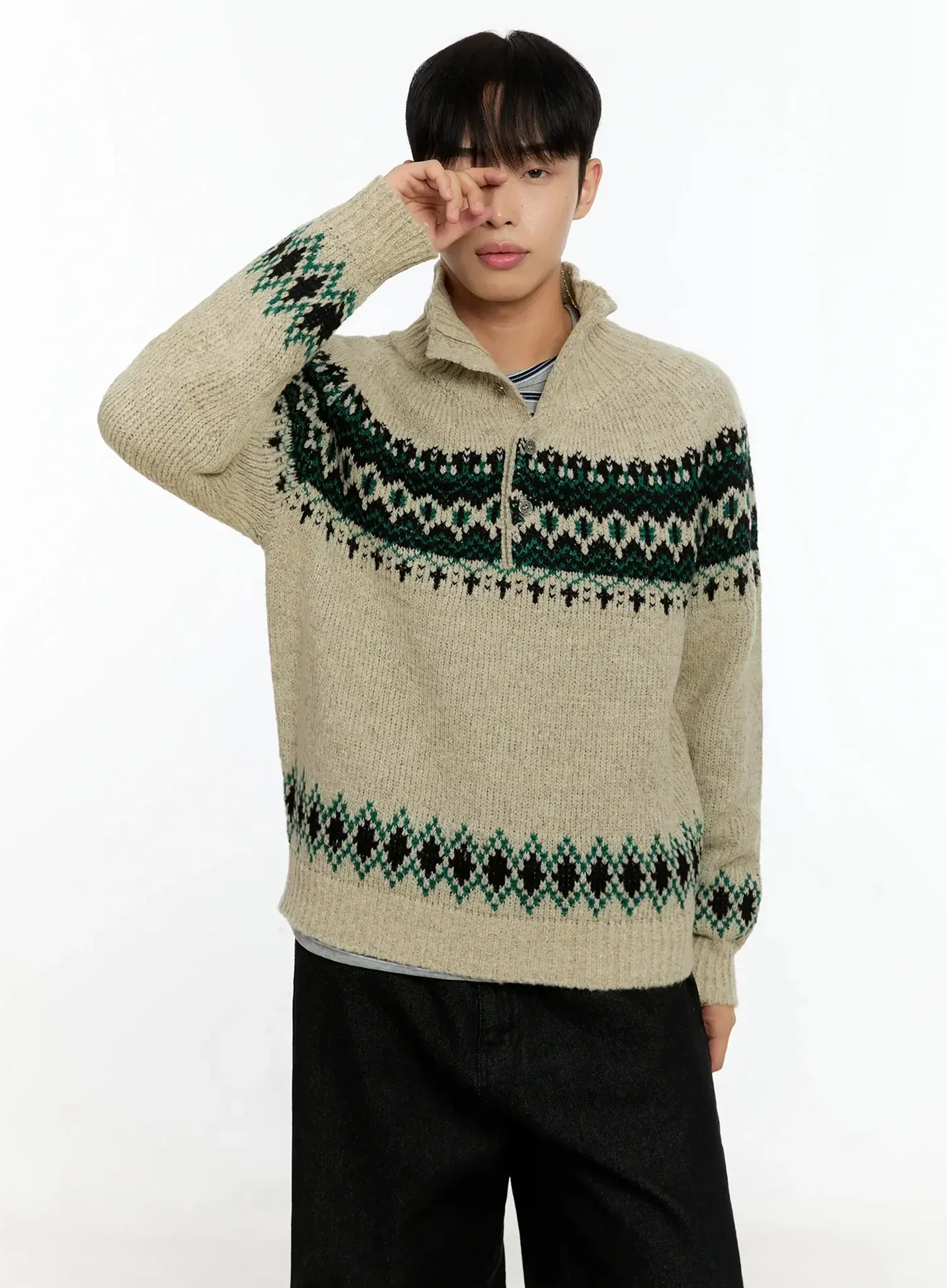 Men's Patterned High Neck Quarter Knit Sweater IN525 - Image 3