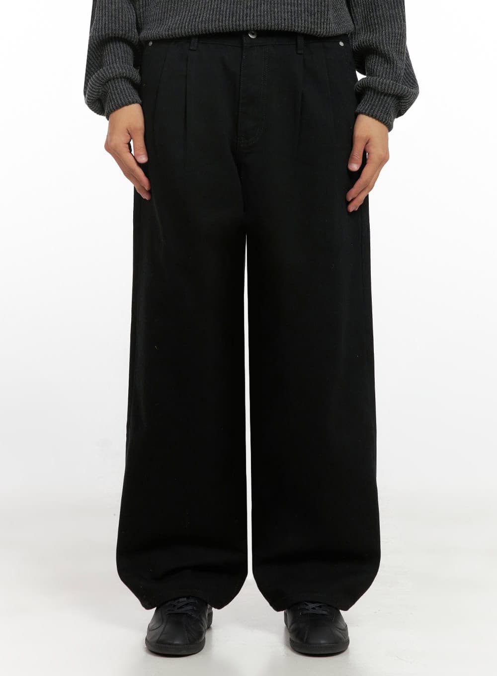 Men's Pintuck Wide Leg Cotton Pants (Black) ID413 - Image 2