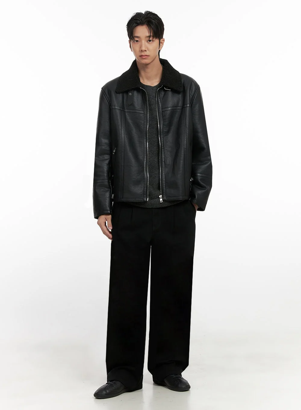 Men's Pintuck Wide Leg Cotton Pants (Black) ID413 - Image 3